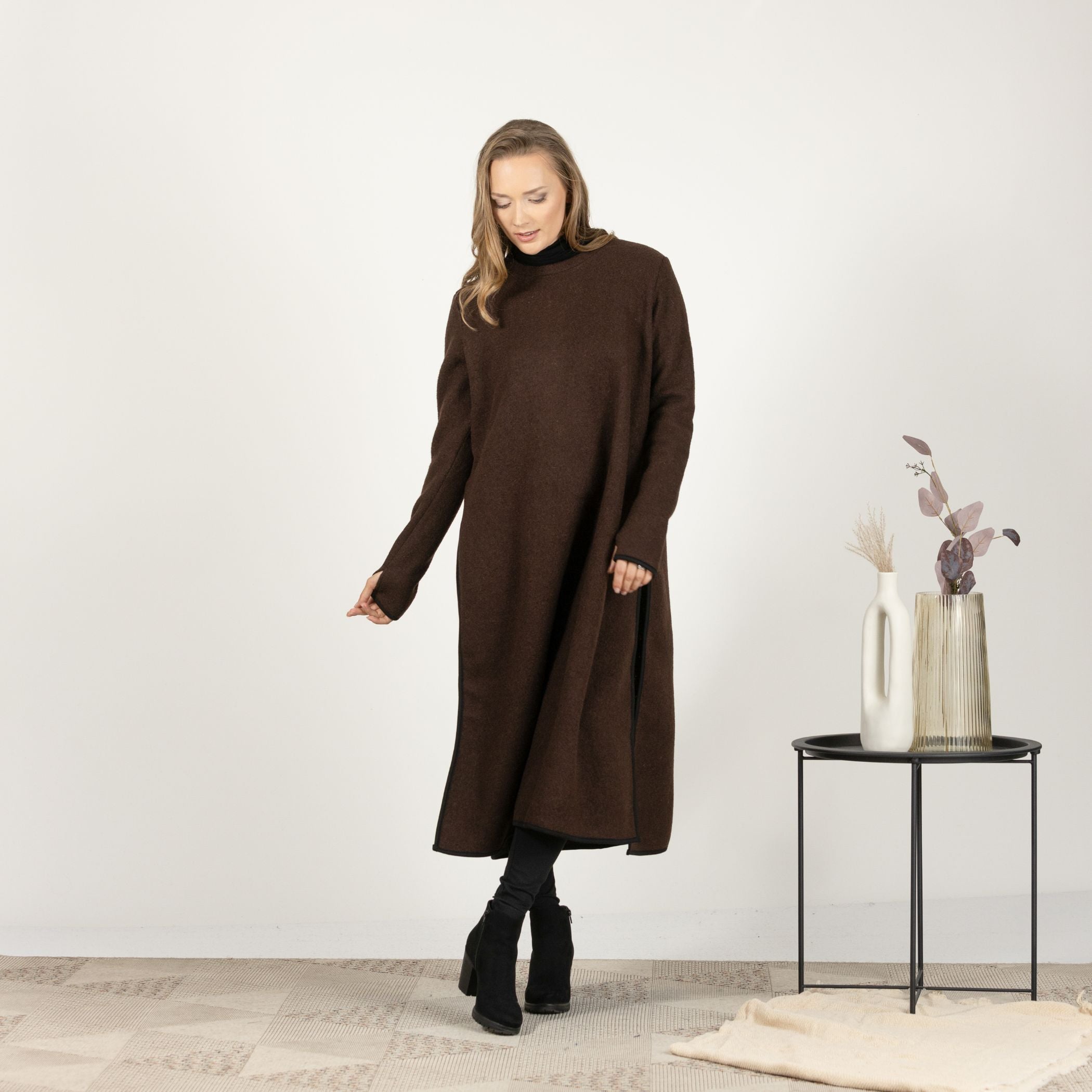 Full-length front view of the Brown Wool Winter Sweater Dress, highlighting the straight silhouette and deep side slits for a chic look.