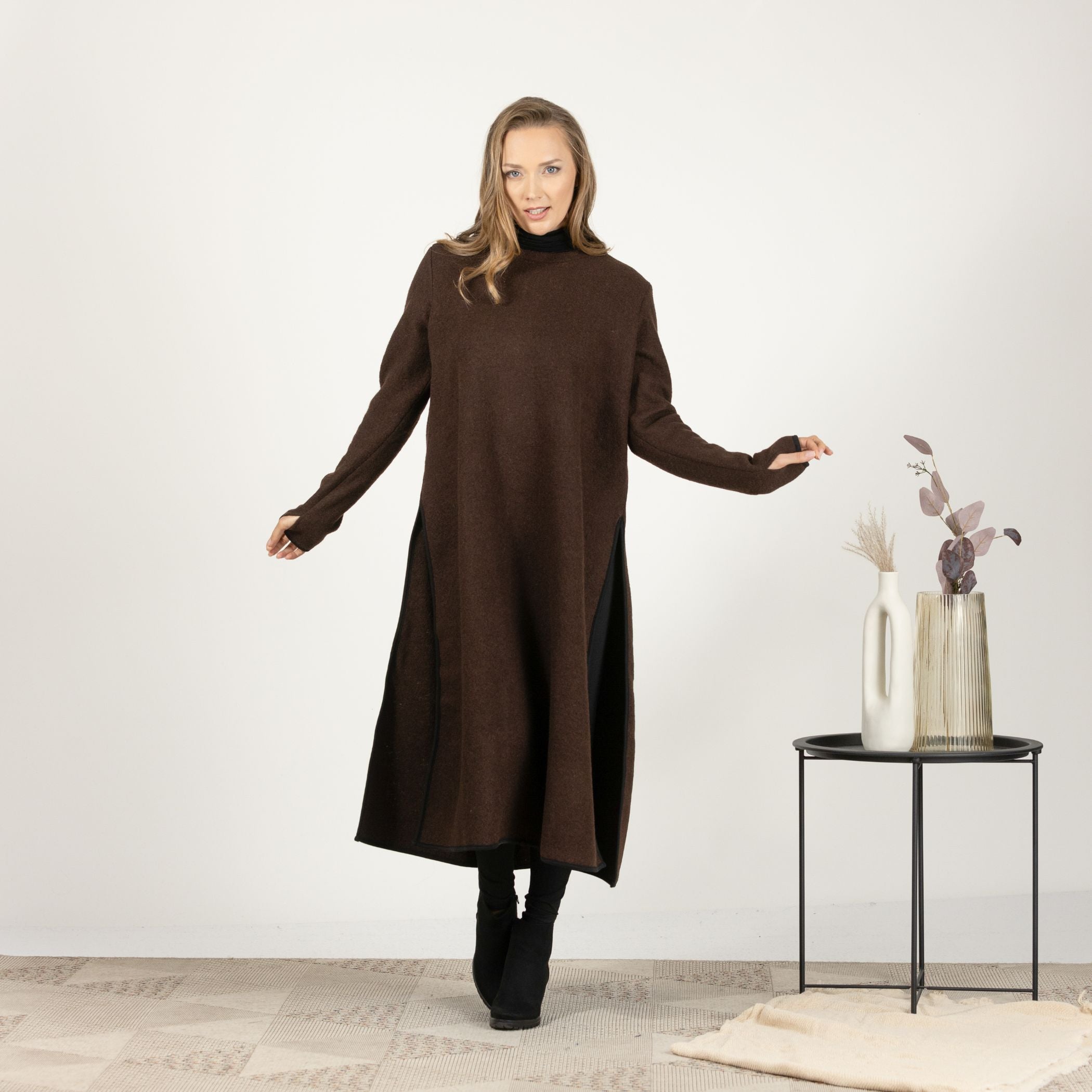 Close-up front view of the Brown Wool Winter Sweater Dress, focusing on the rich texture of the boiled wool and the crew neckline.