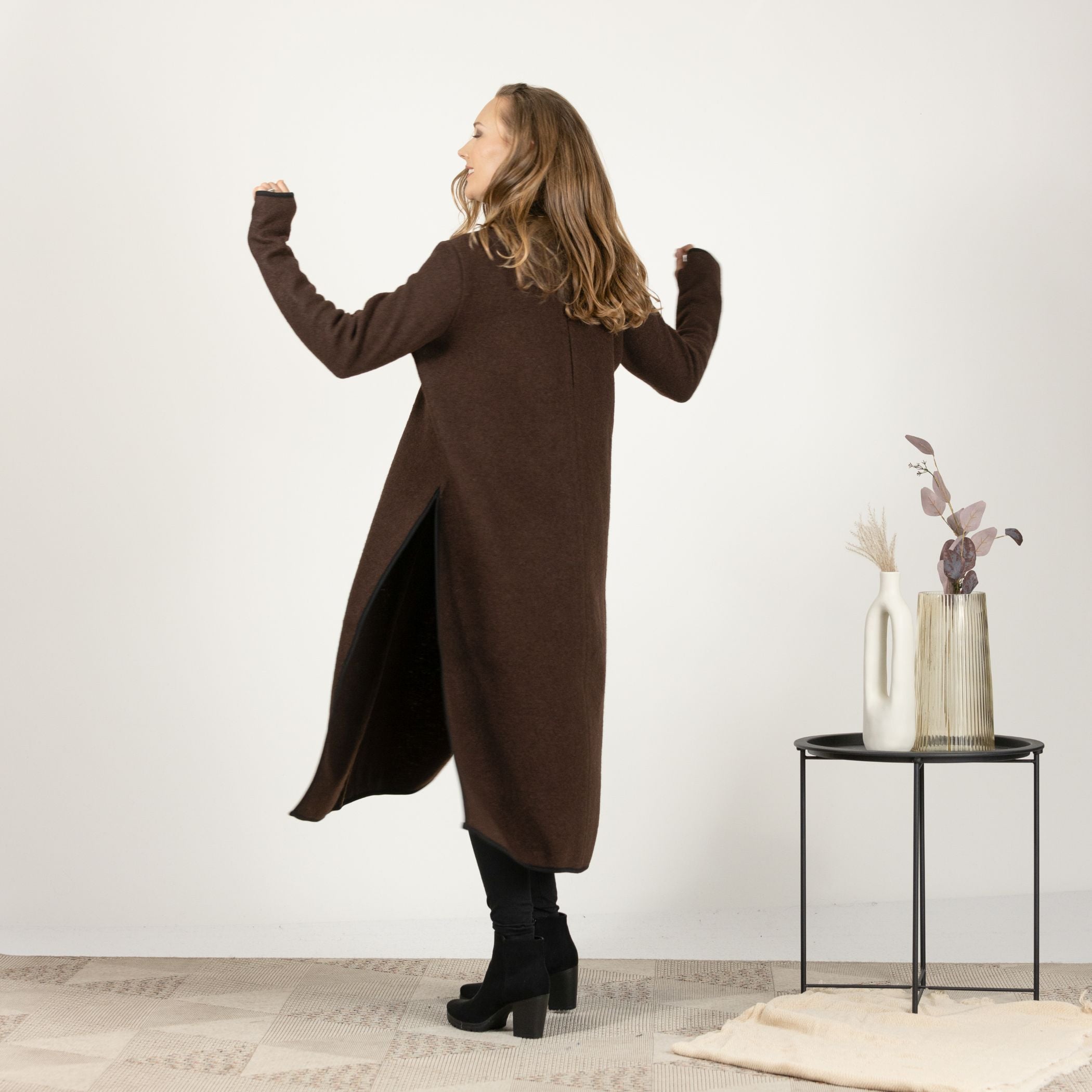 Back view of the Brown Wool Winter Sweater Dress, showcasing the seamless design and classic silhouette in a rich, warm brown.