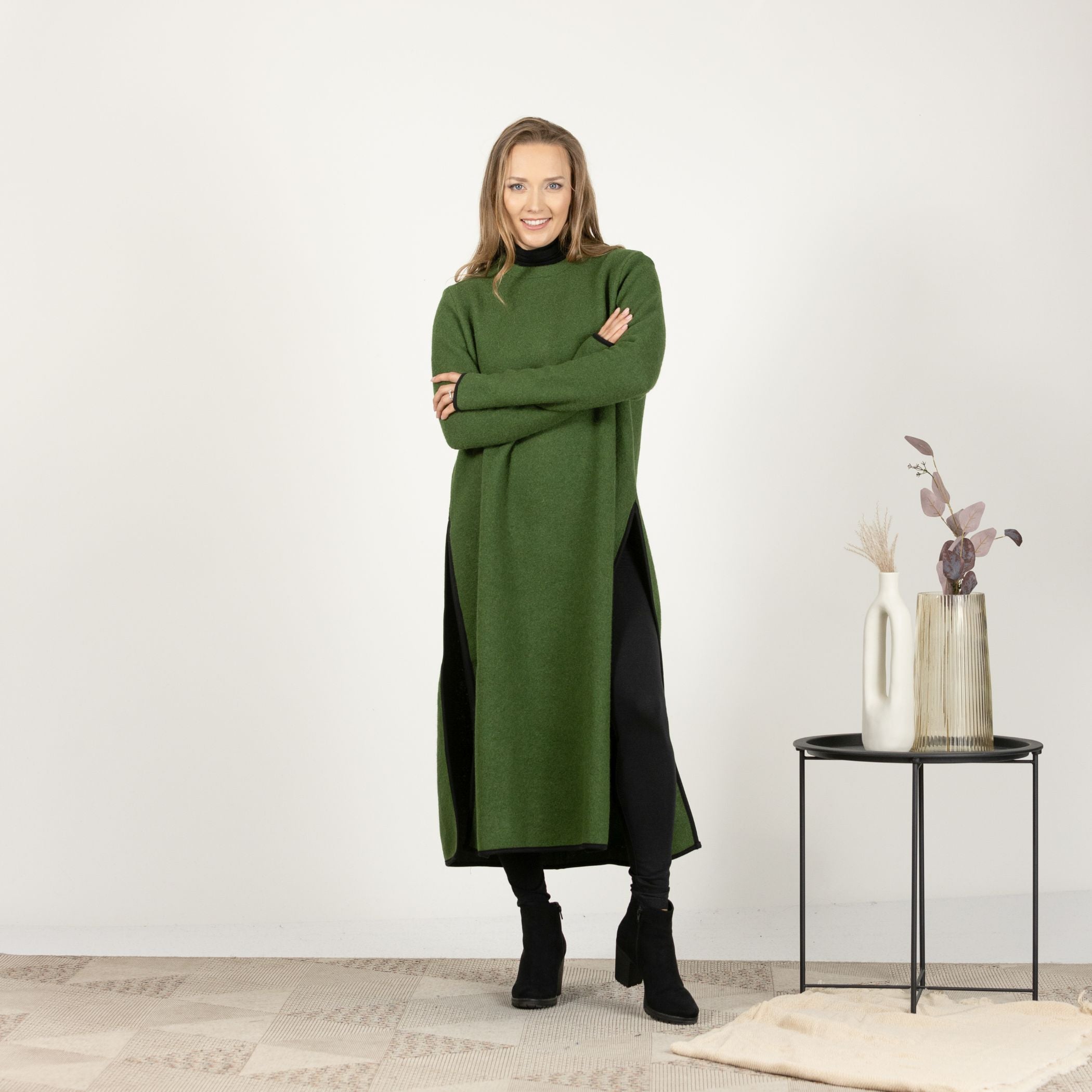 Front view of the Forest Green Wool Winter Sweater Dress, showcasing the rich green color and the classic crew neckline for a timeless look.