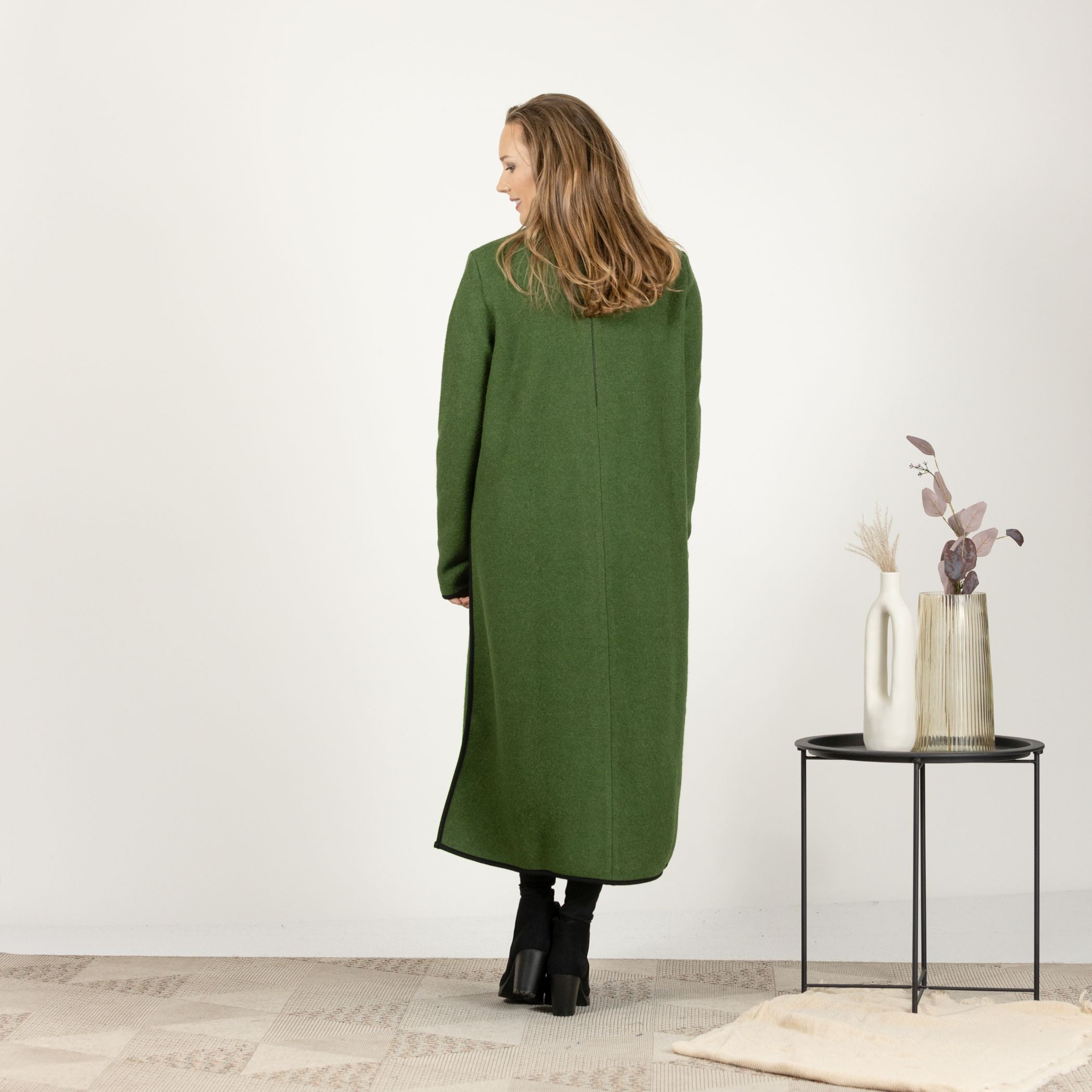 Back view of the Forest Green Wool Winter Sweater Dress, emphasizing the classic design and the rich, deep green color.