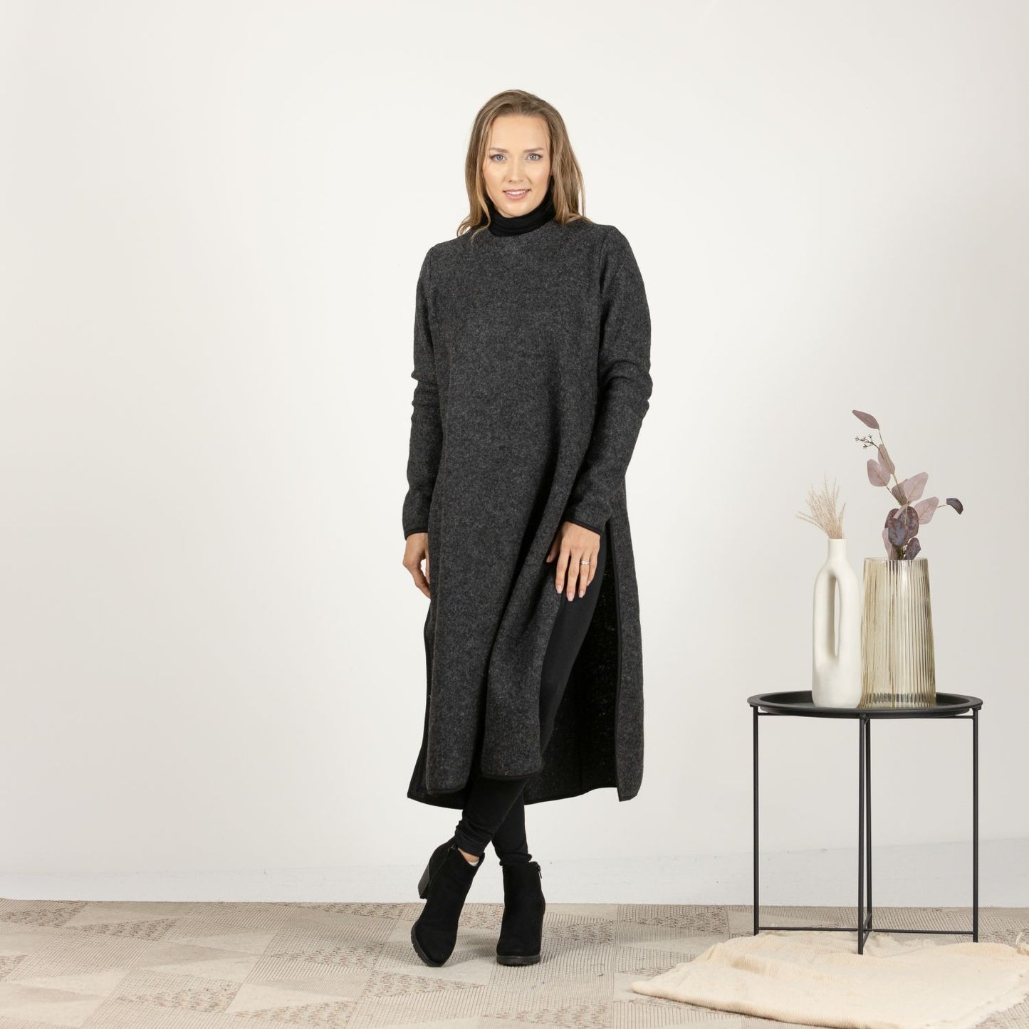 Gray Wool Winter Sweater Dress with Crew Neckline and Deep Side Slits - from NikkaPlace | Effortless fashion for easy living
