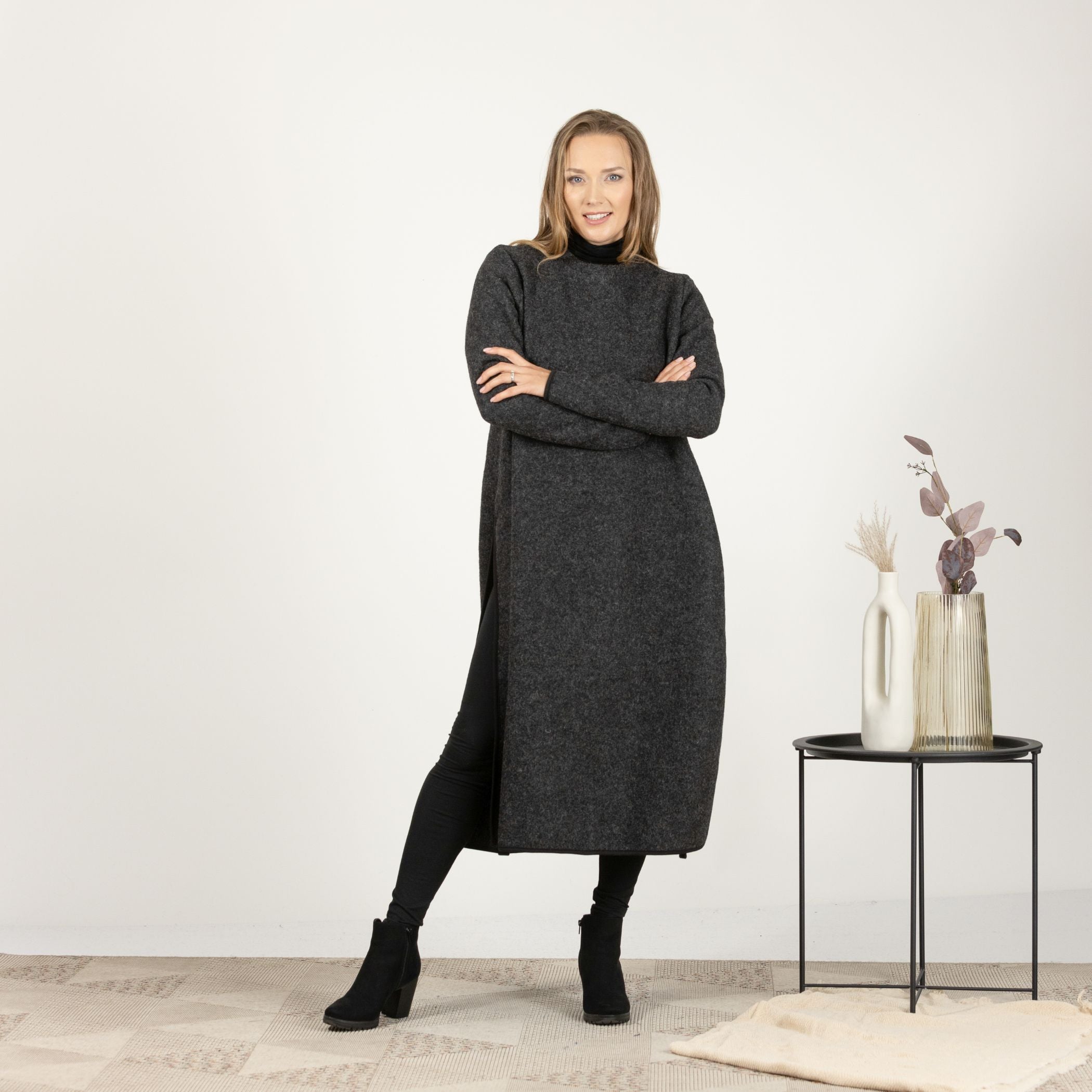 Full-length front view of the Charcoal Wool Winter Sweater Dress, highlighting the straight silhouette and mid-calf length.