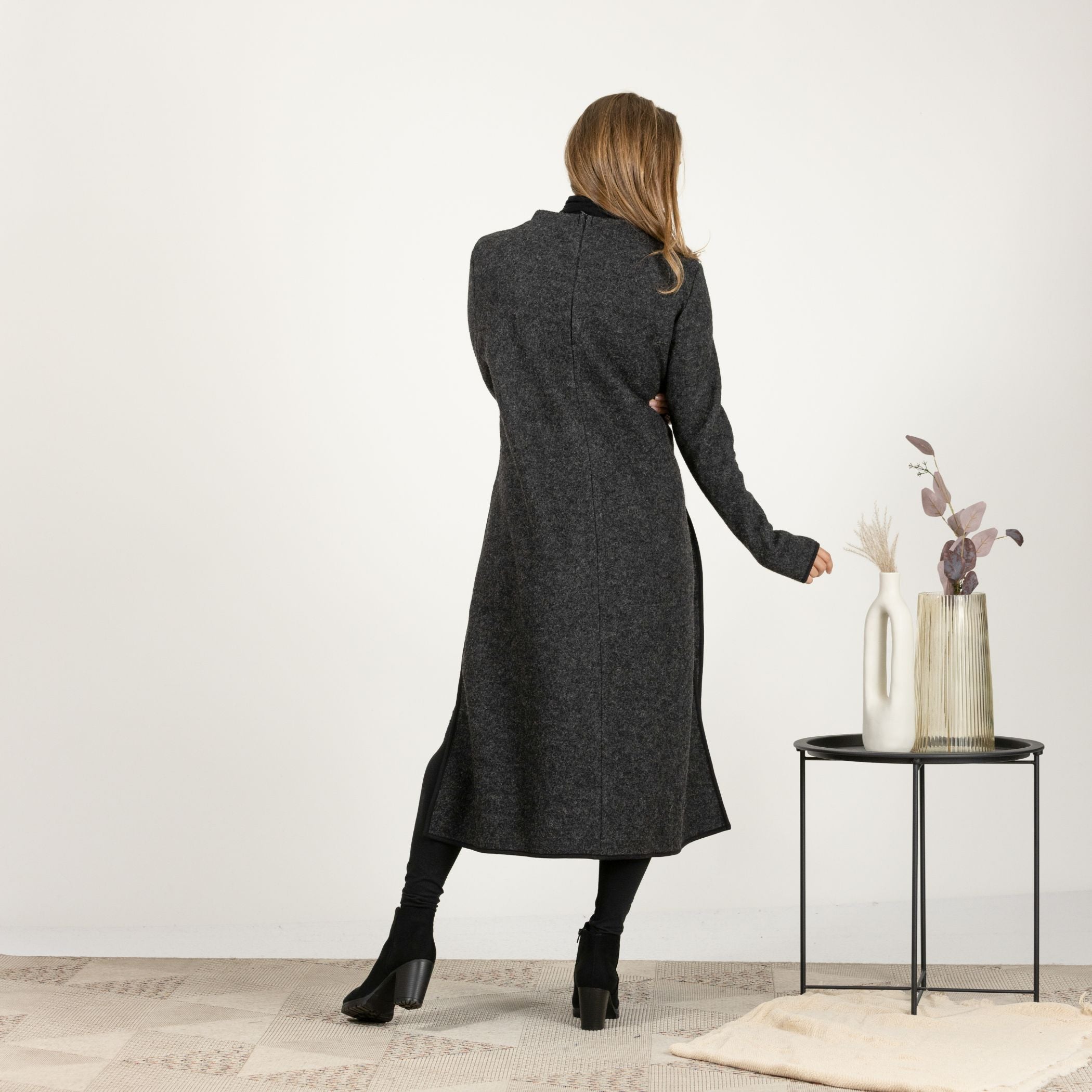 Back view of the Charcoal Wool Winter Sweater Dress, showcasing the timeless design and the flattering straight silhouette.