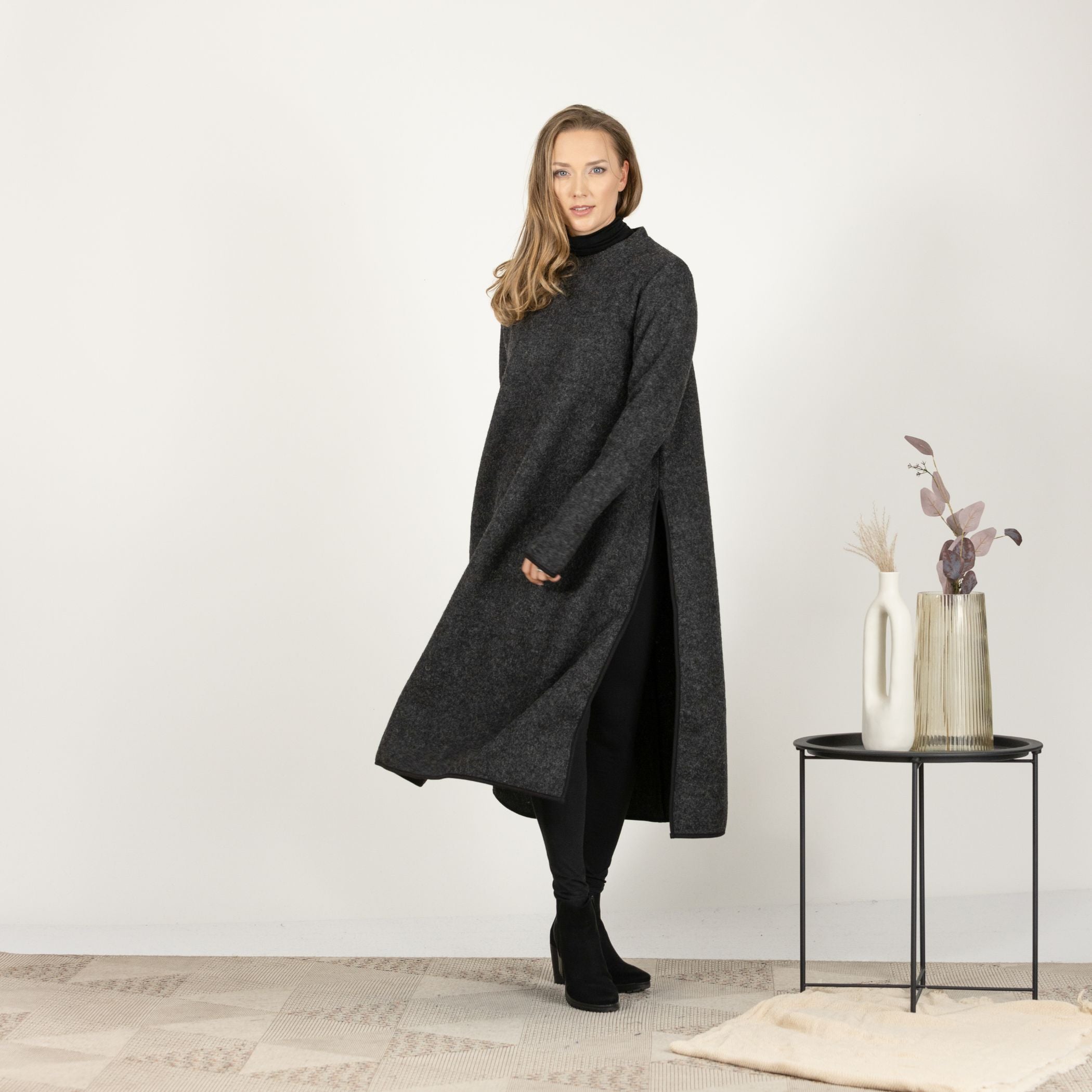 Front view of the Charcoal Wool Winter Sweater Dress, featuring the deep side slits for a stylish, contemporary look.