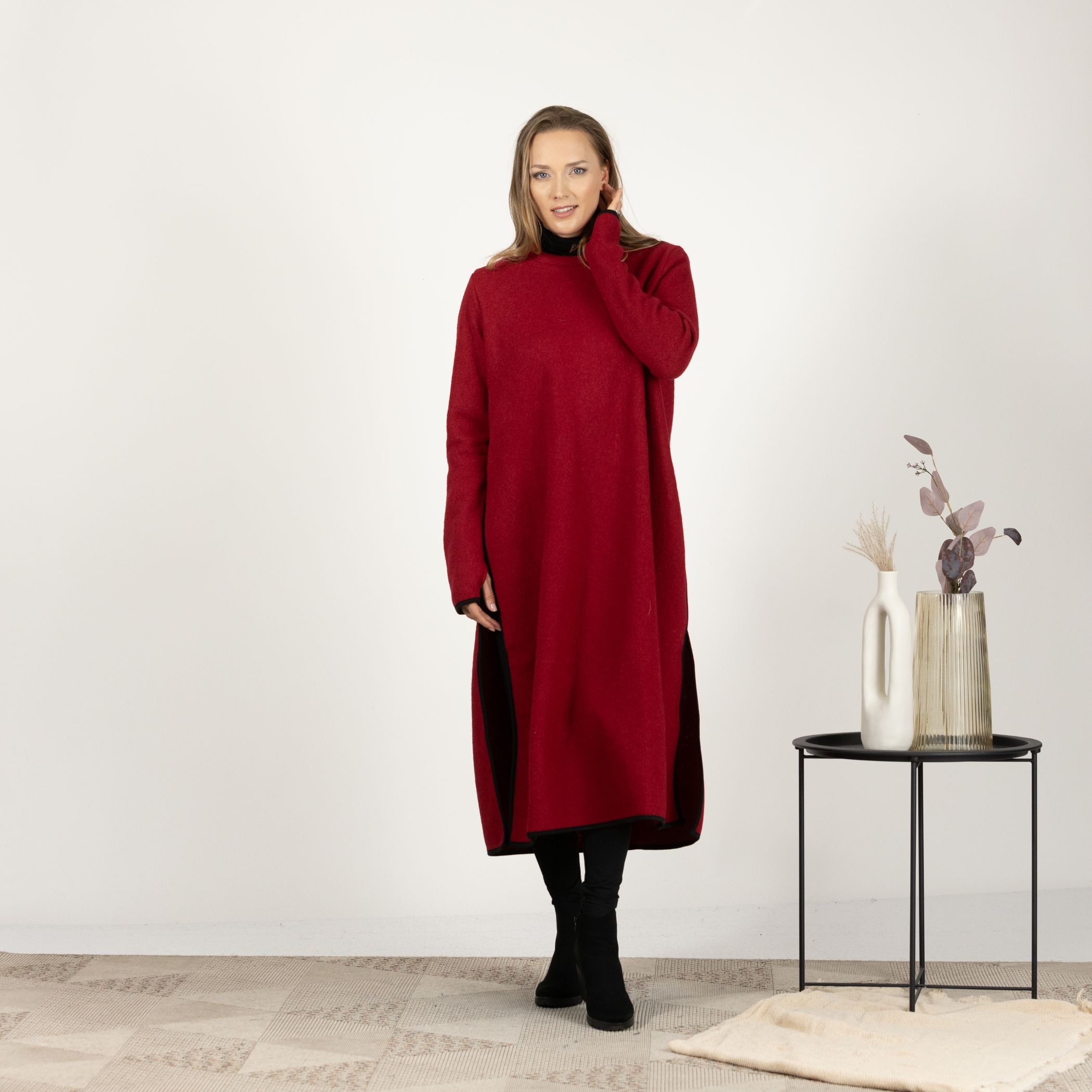 Front view of the Raspberry Wool Winter Sweater Dress, showcasing the vibrant color and the classic crew neckline.