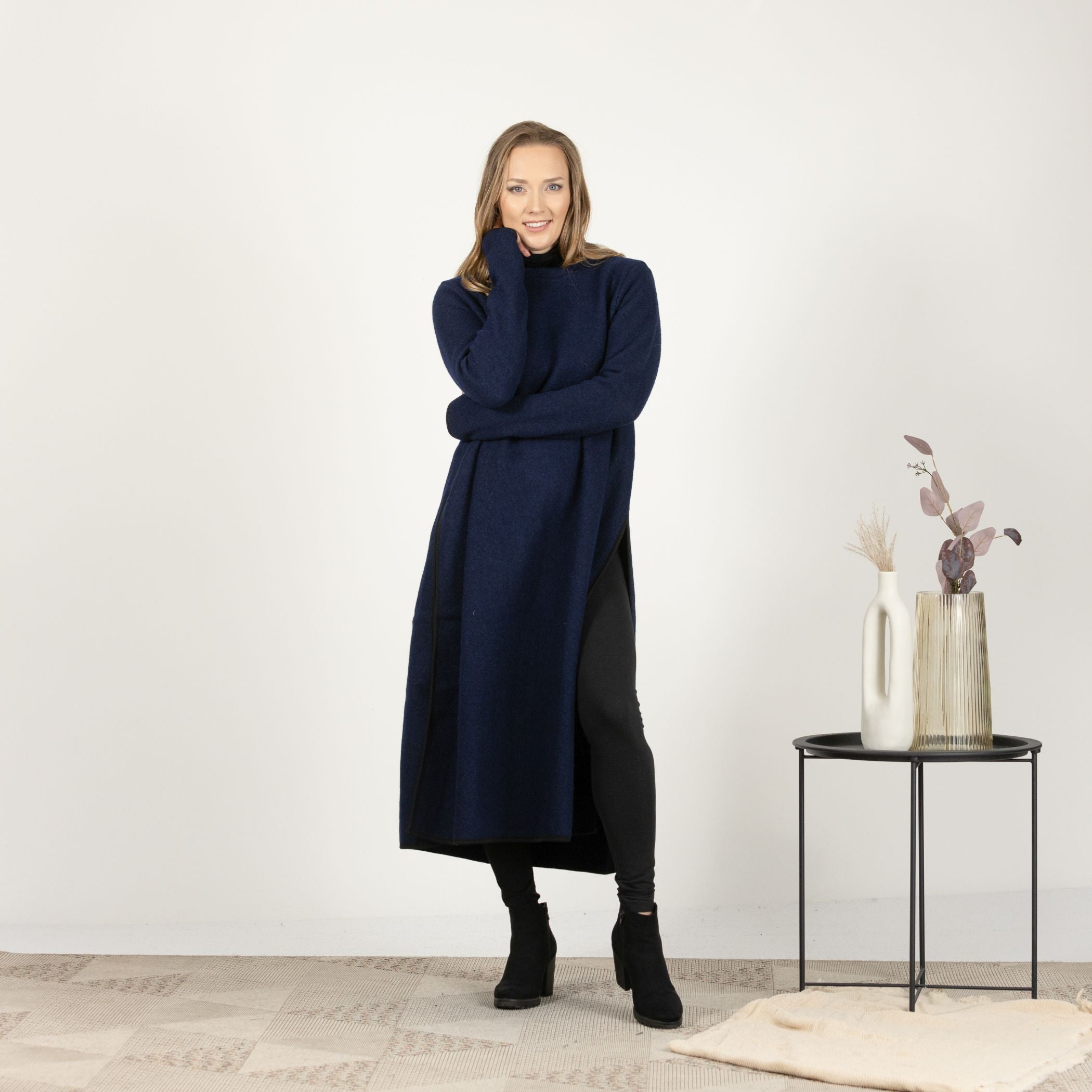 Front view of the Dark Blue Wool Winter Sweater Dress, emphasizing the elegant side slits and the deep, sophisticated blue tone.