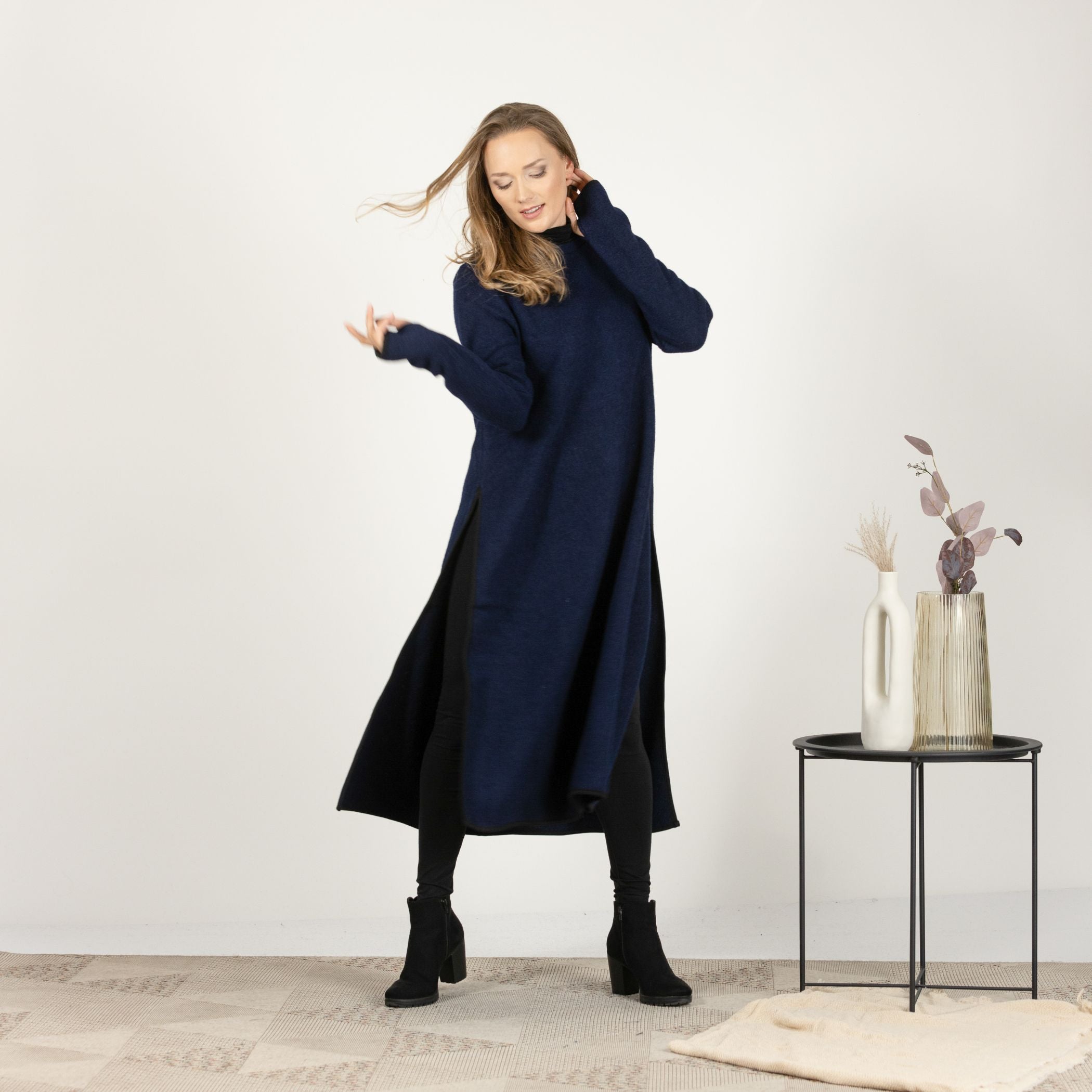 Close-up front view of the Dark Blue Wool Winter Sweater Dress, focusing on the fine boiled wool texture and the crew neckline.