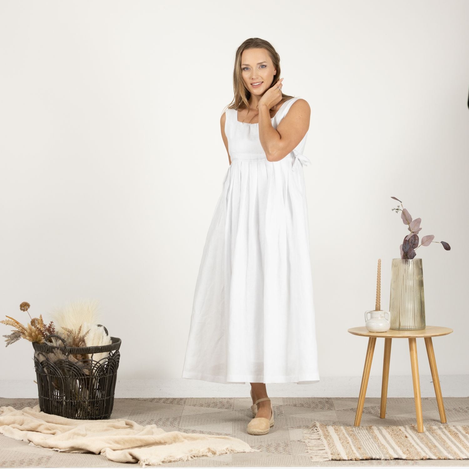 Front-facing image of the Timeless Linen Summer Dress with wide straps, displaying its comfortable fit and versatile look.