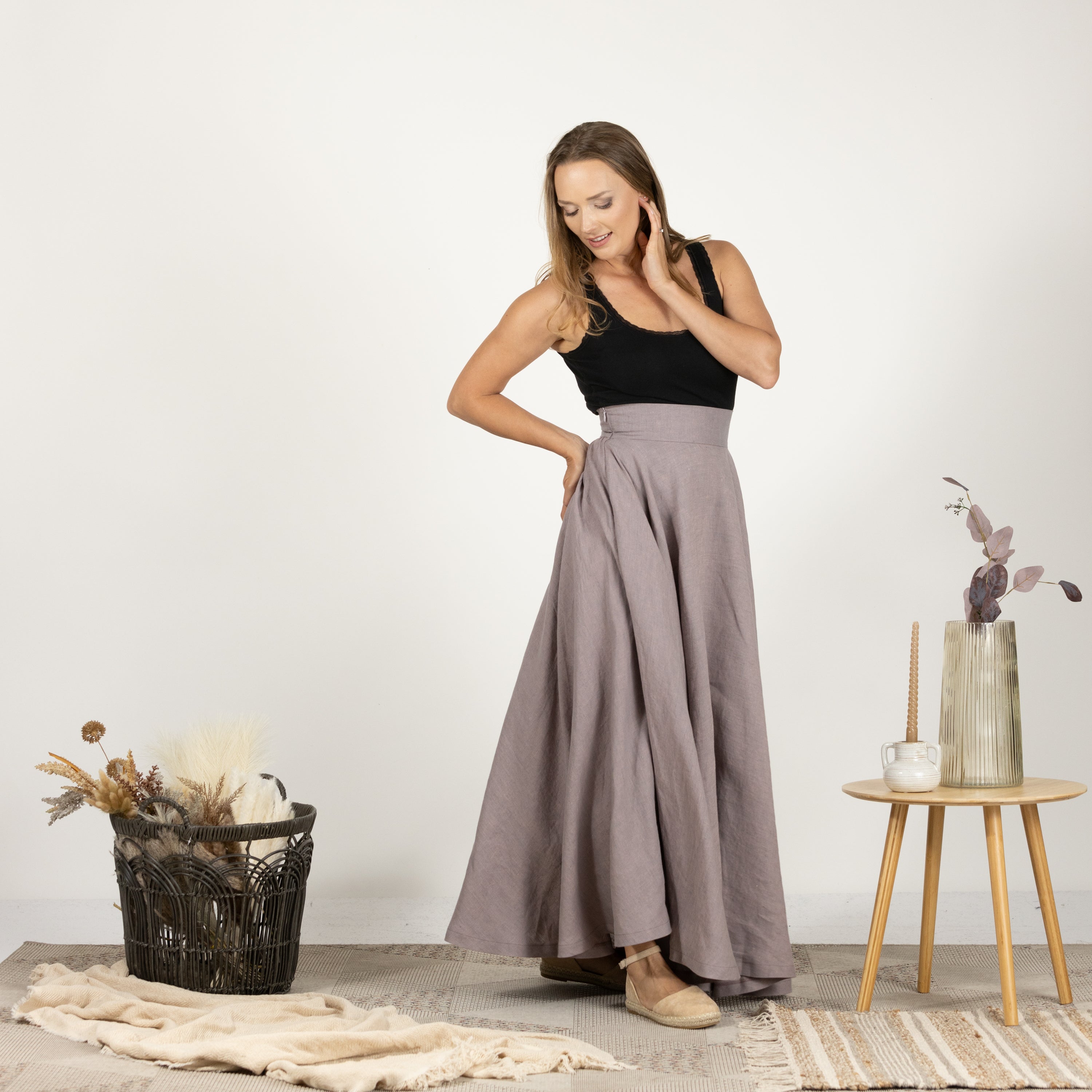 Front-facing image of the Linen Flutter Skirt, displaying its versatile and sophisticated look.