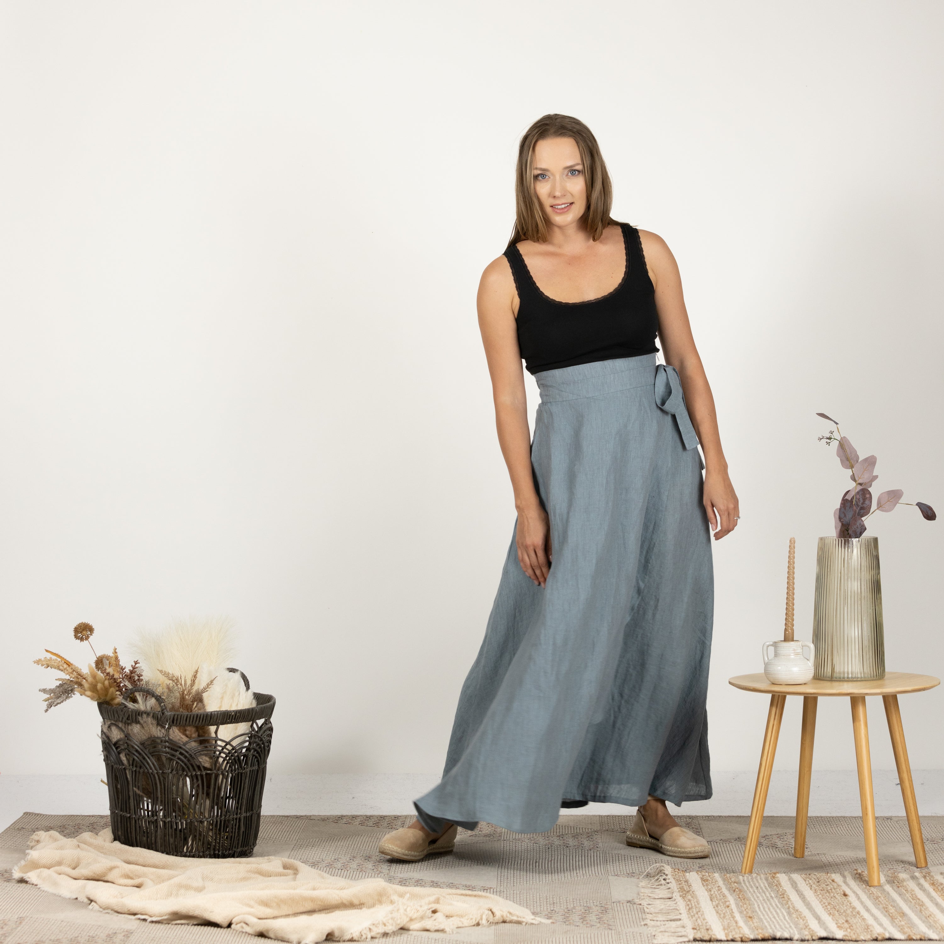 Front image of the Linen Wrap Around Skirt with Tie on model, showing the skirt's elegant lines and comfortable fit.