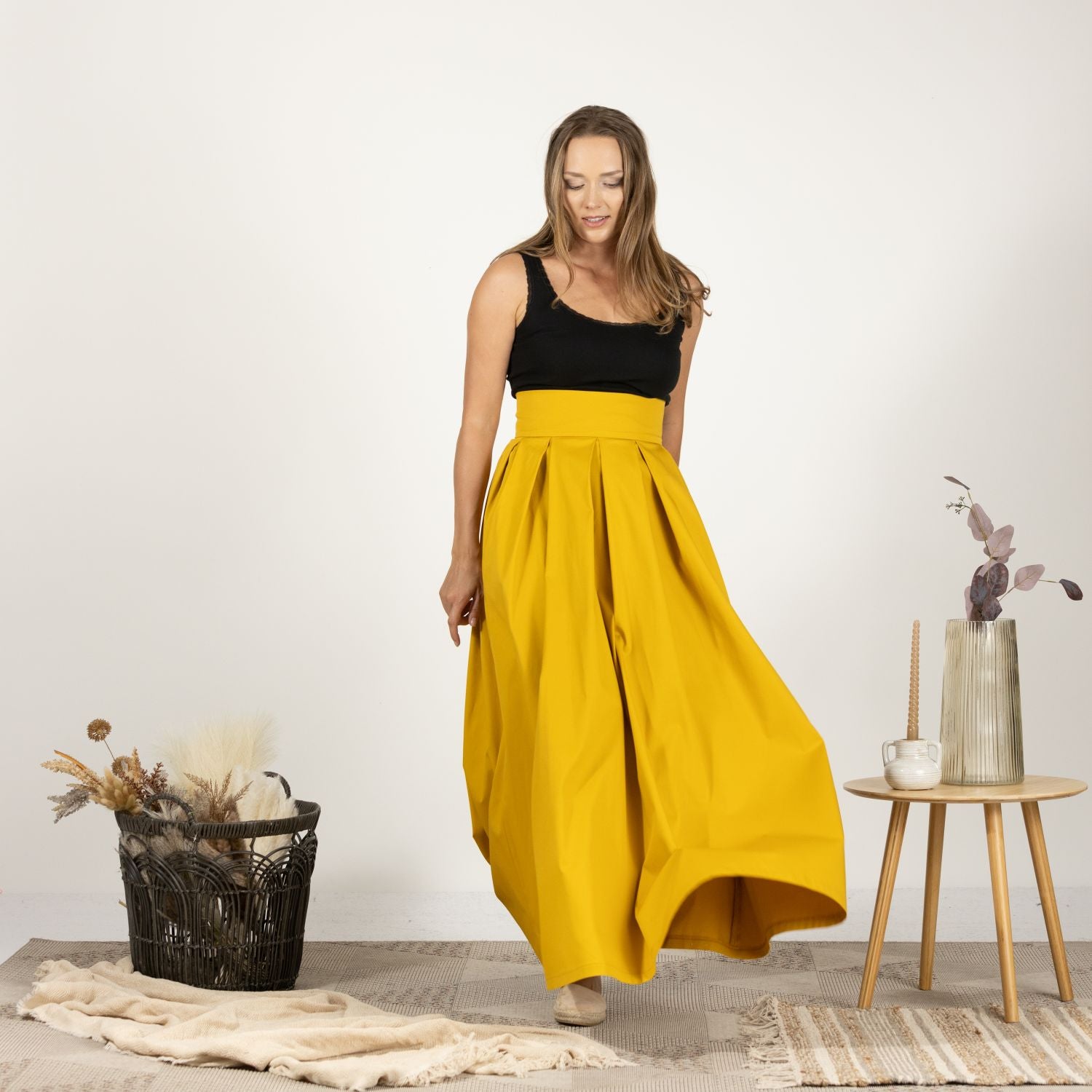 Front-facing image of the Cotton Skirt with High Rise, displaying the comfortable and versatile look.