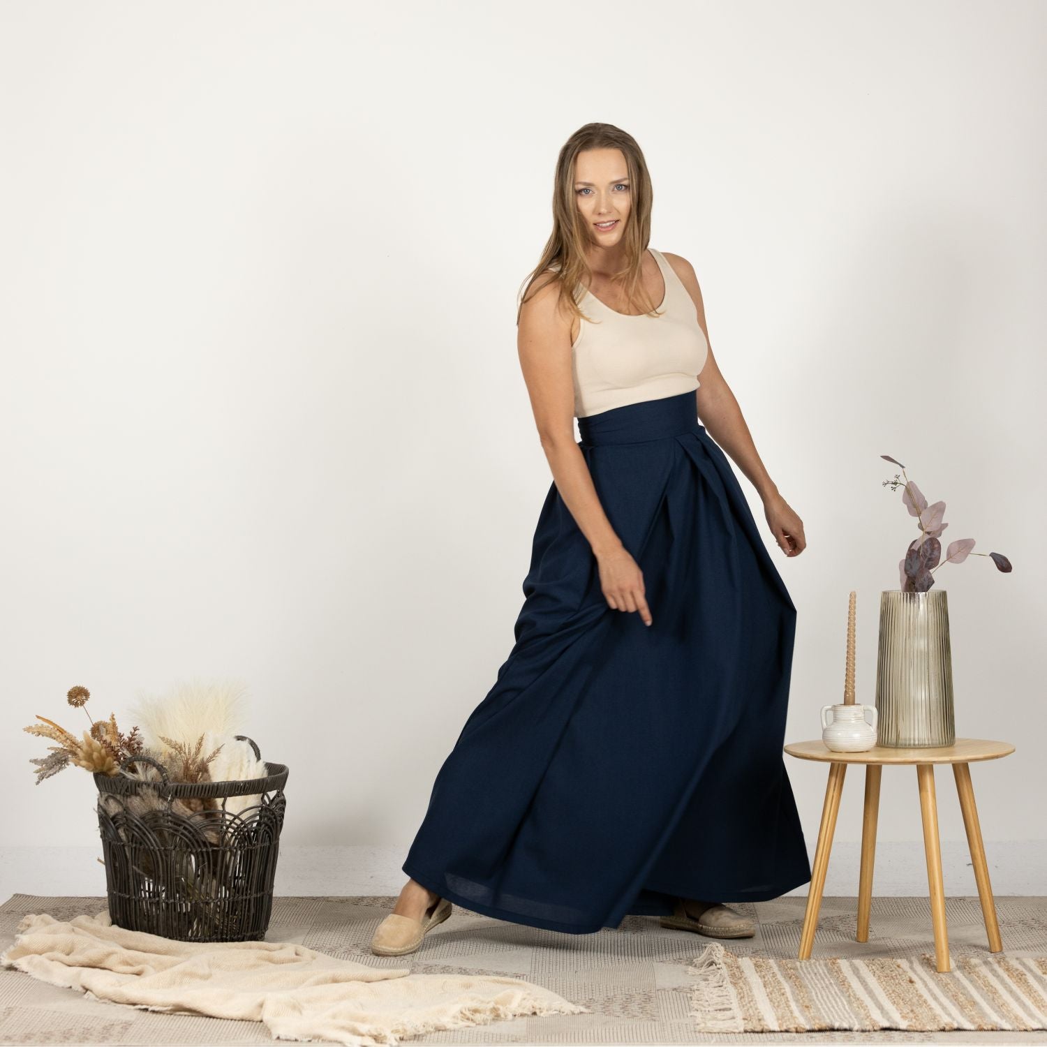 Linen Gathered Skirt with Waistband