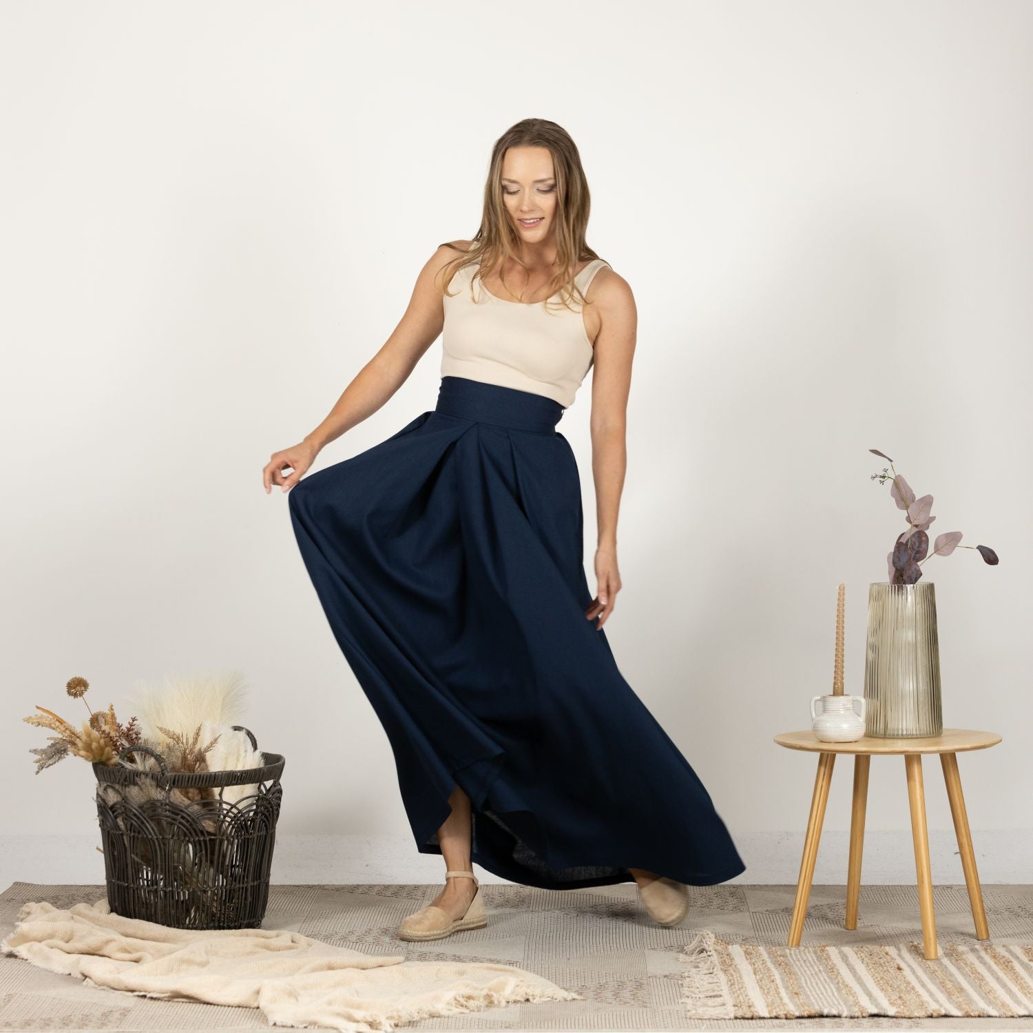 Linen Gathered Skirt with Waistband