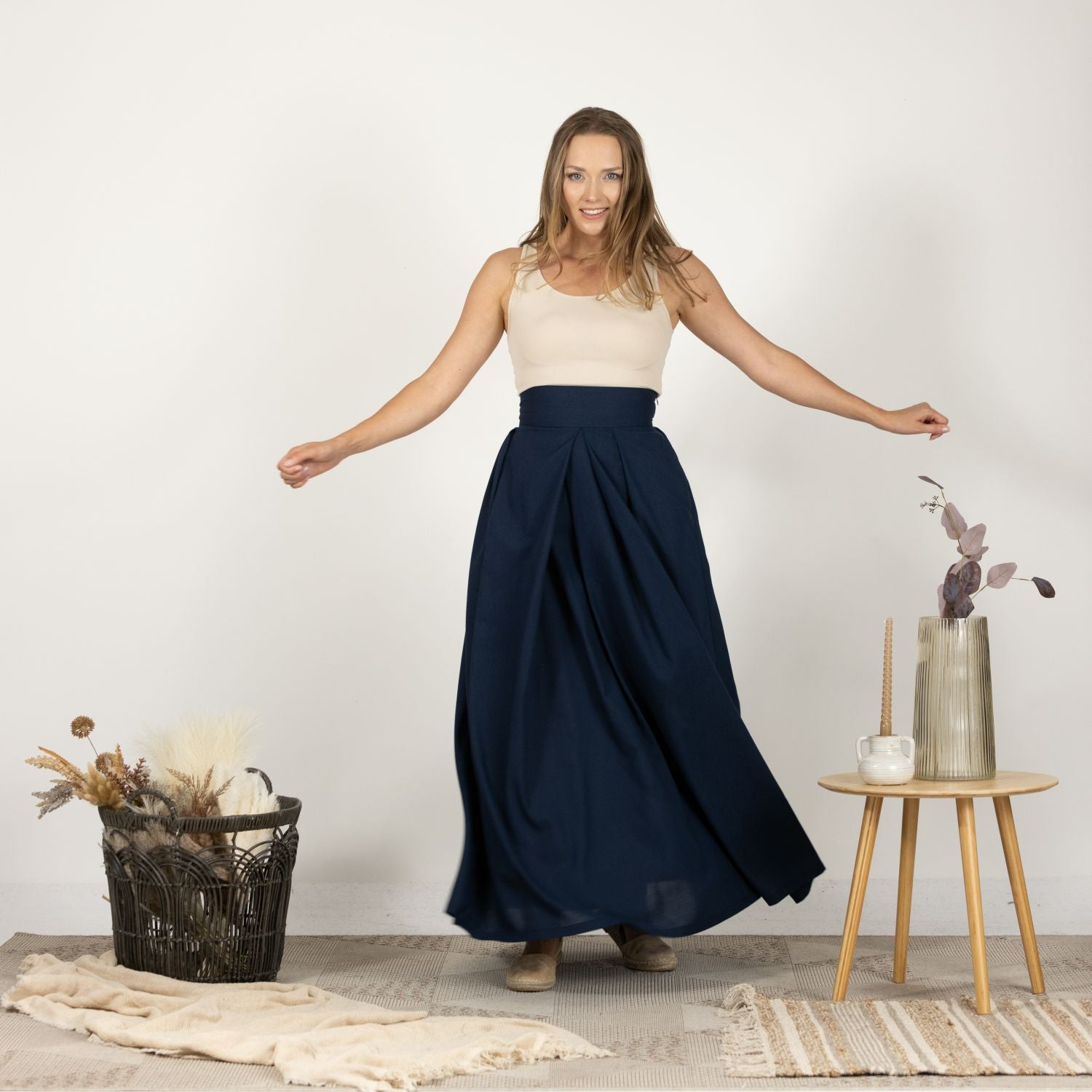 Linen Gathered Skirt with Waistband