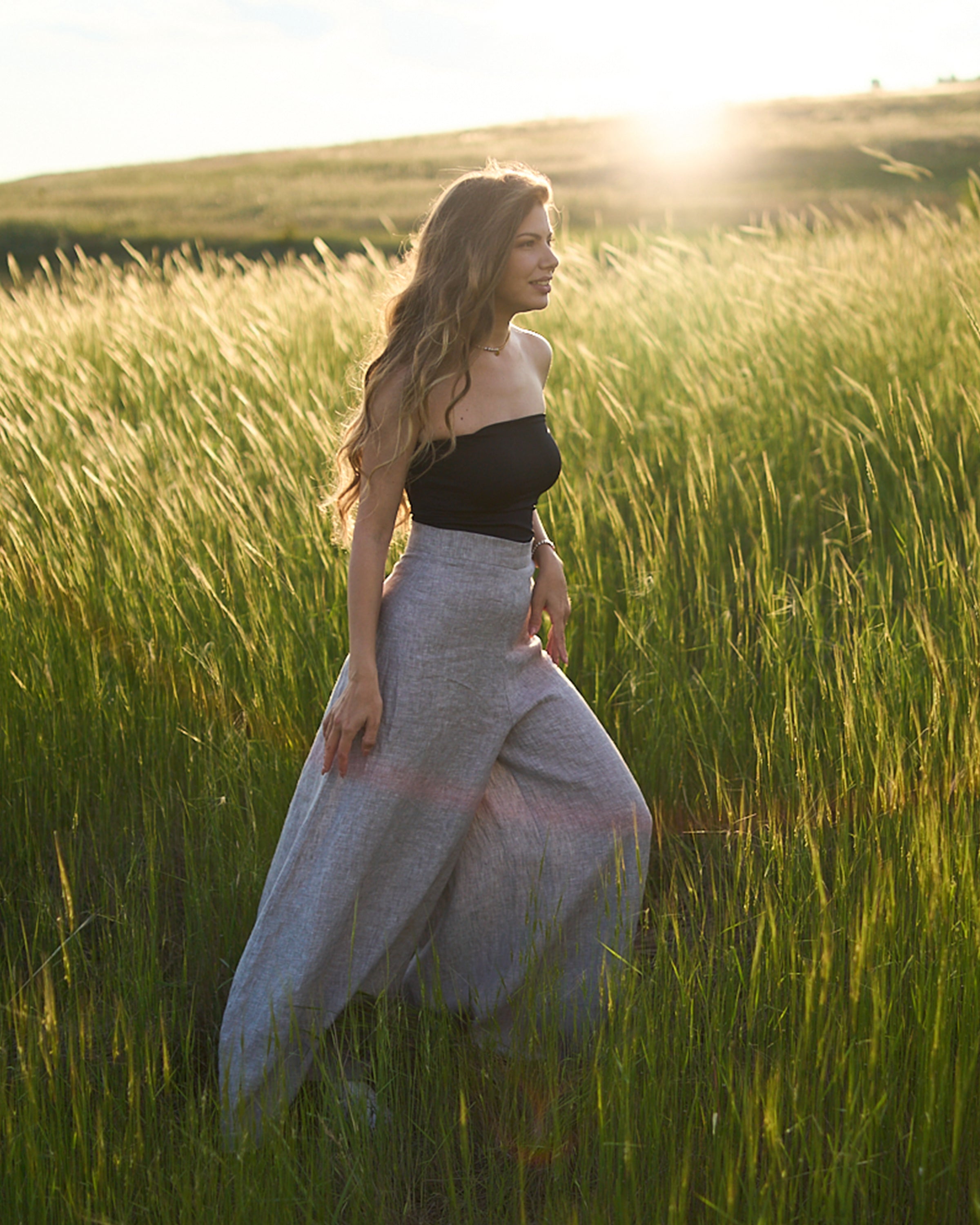 Maxi linen gray melange pants side view