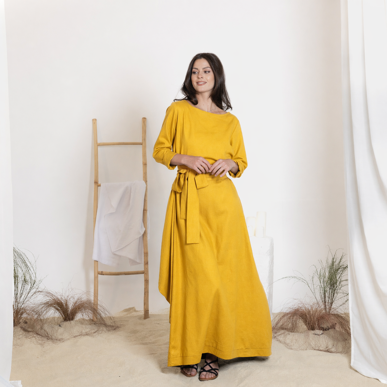 Maxi linen dress in mustard color