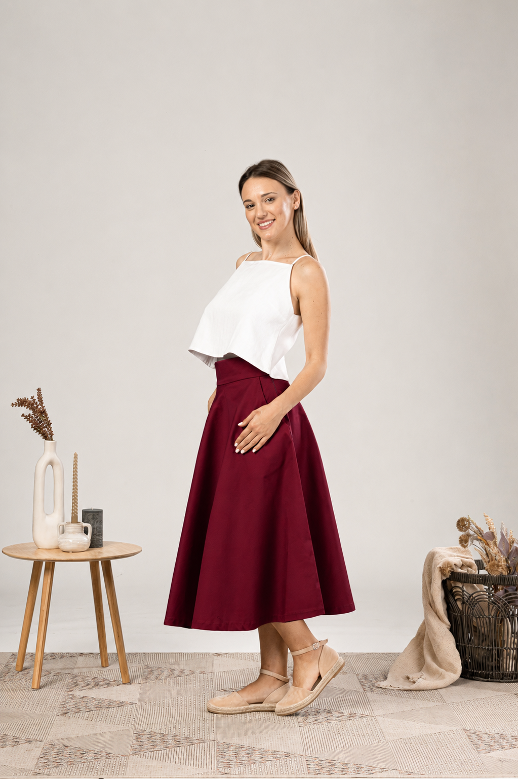 Elegant Midi Circle Skirt in Burgundy