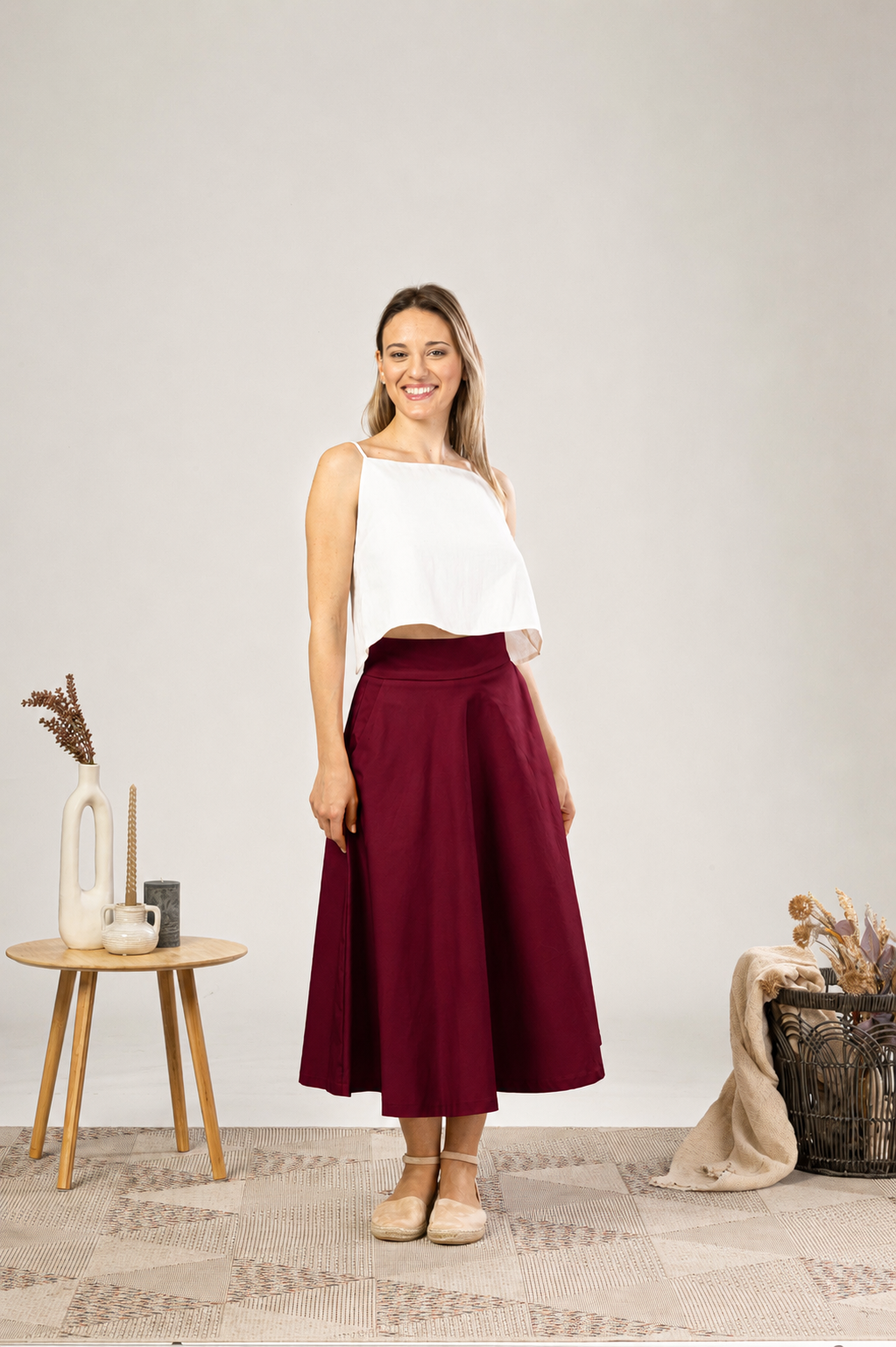 Elegant Midi Circle Skirt in Burgundy