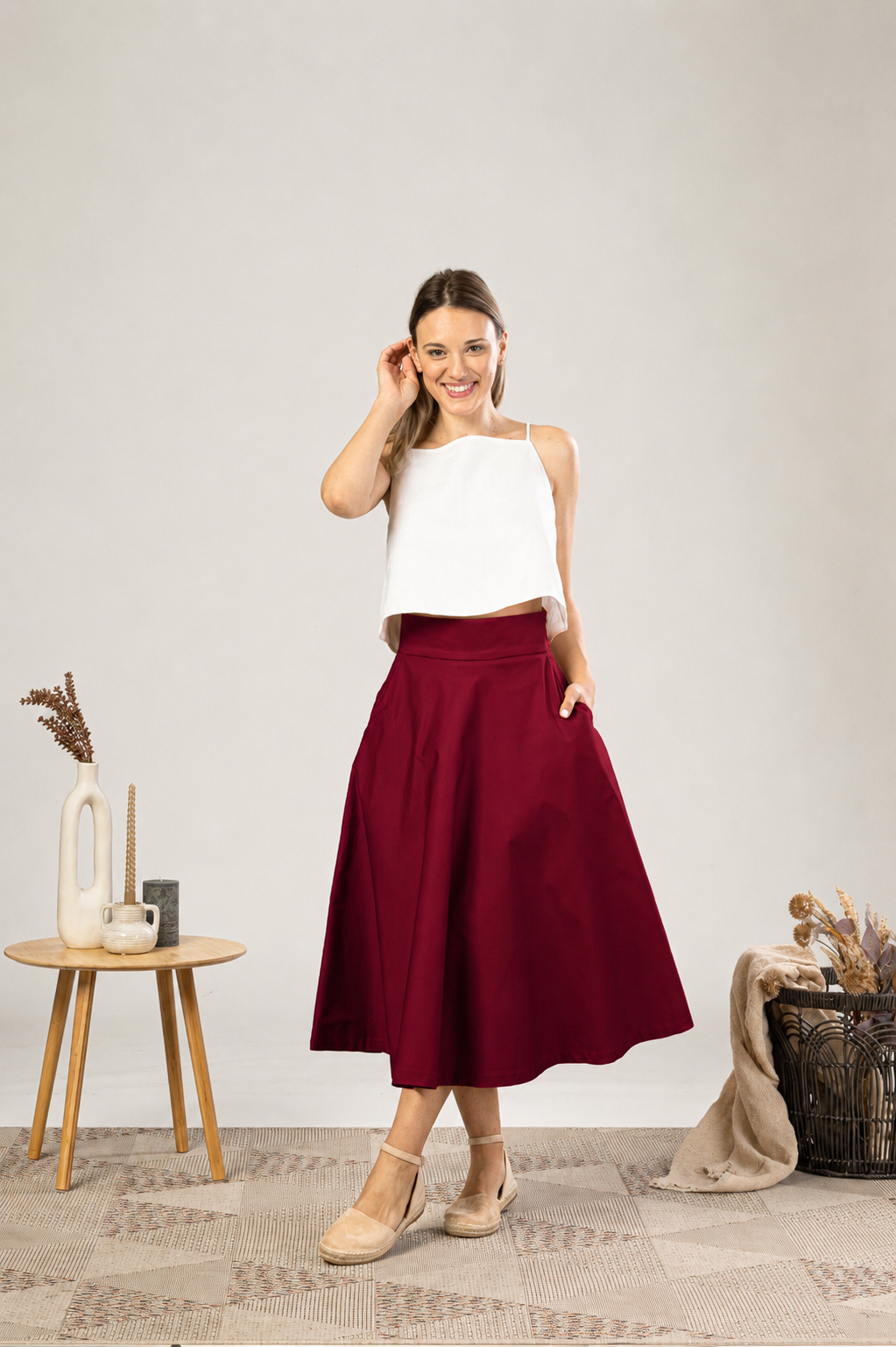 Elegant Midi Circle Skirt in Burgundy