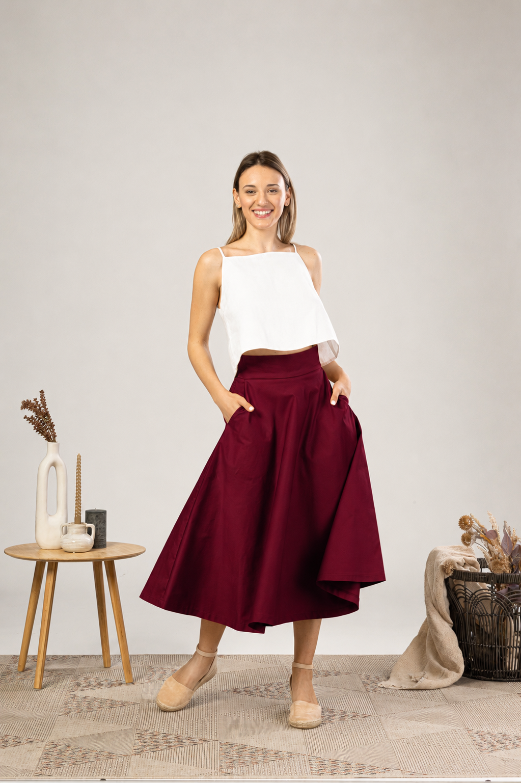 Elegant Midi Circle Skirt in Burgundy