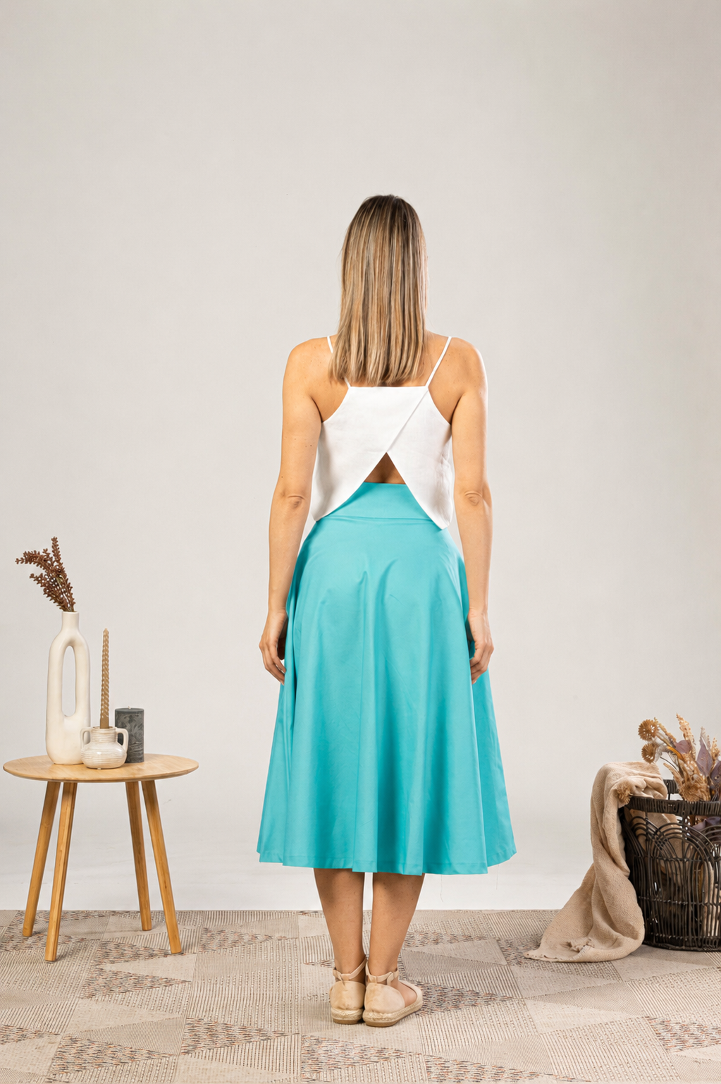 Midi Flared Cotton Skirt With Pockets in Turquoise