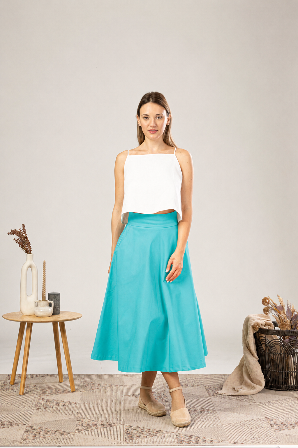 Midi Flared Cotton Skirt With Pockets in Turquoise