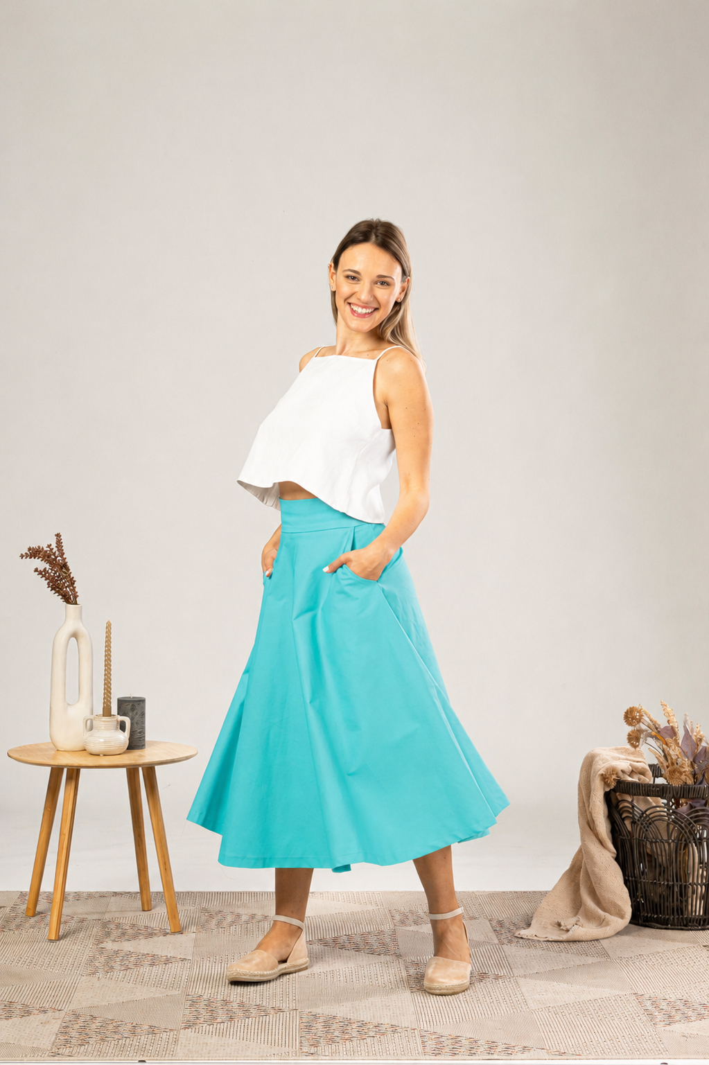 Midi Flared Cotton Skirt With Pockets in Turquoise