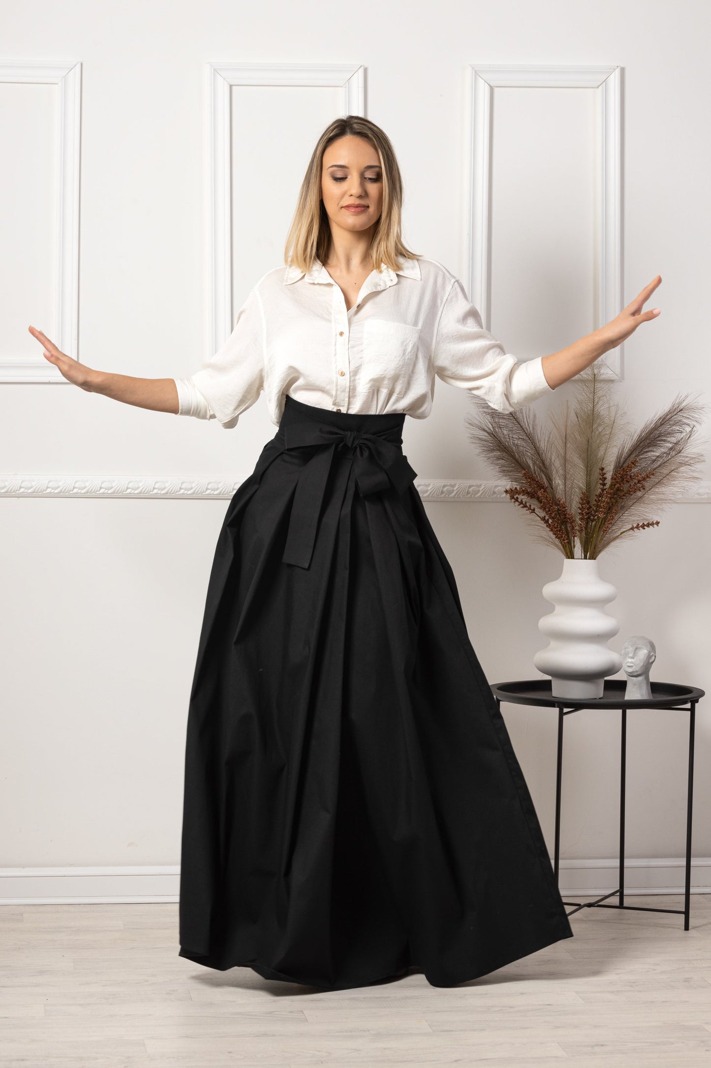 Black High Waist Pleated Maxi Skirt front view - from NikkaPlace | Effortless fashion for easy living