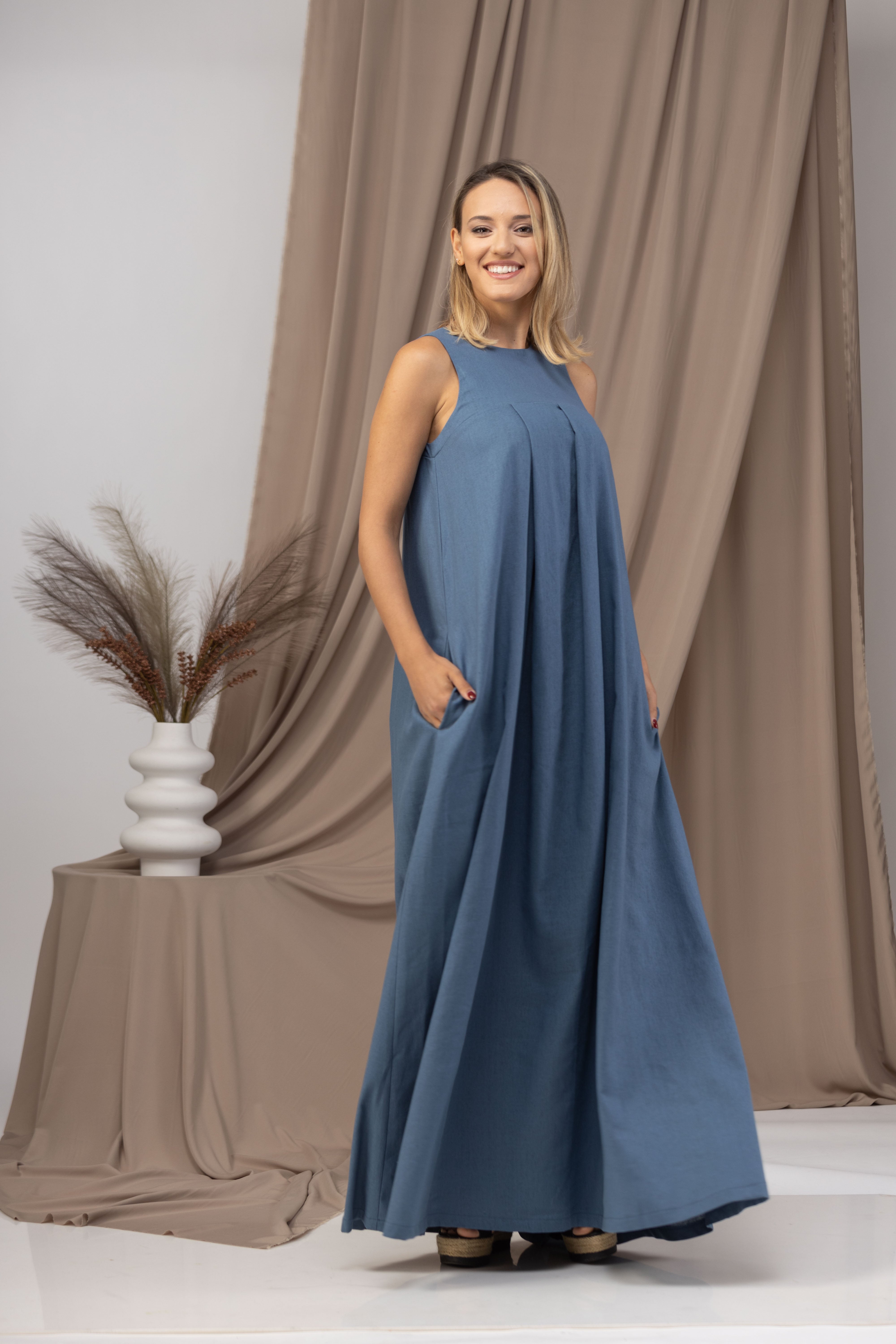 Slate Blue Loose Linen Maxi Dress