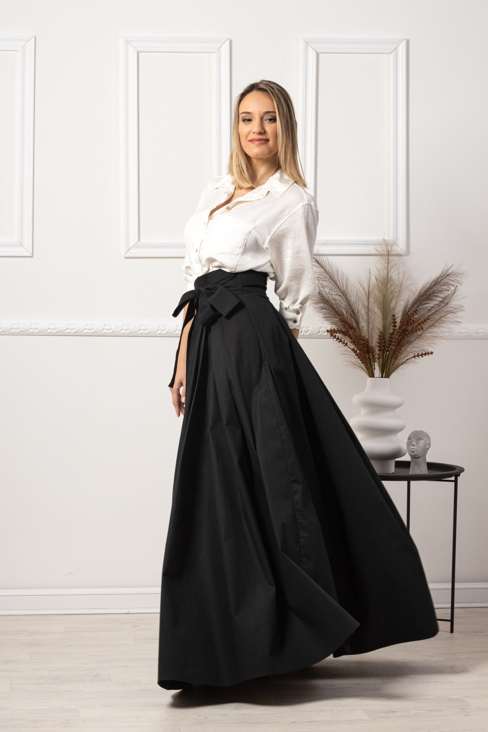 Black High Waist Pleated Maxi Skirt paired with a blouse - from NikkaPlace | Effortless fashion for easy living
