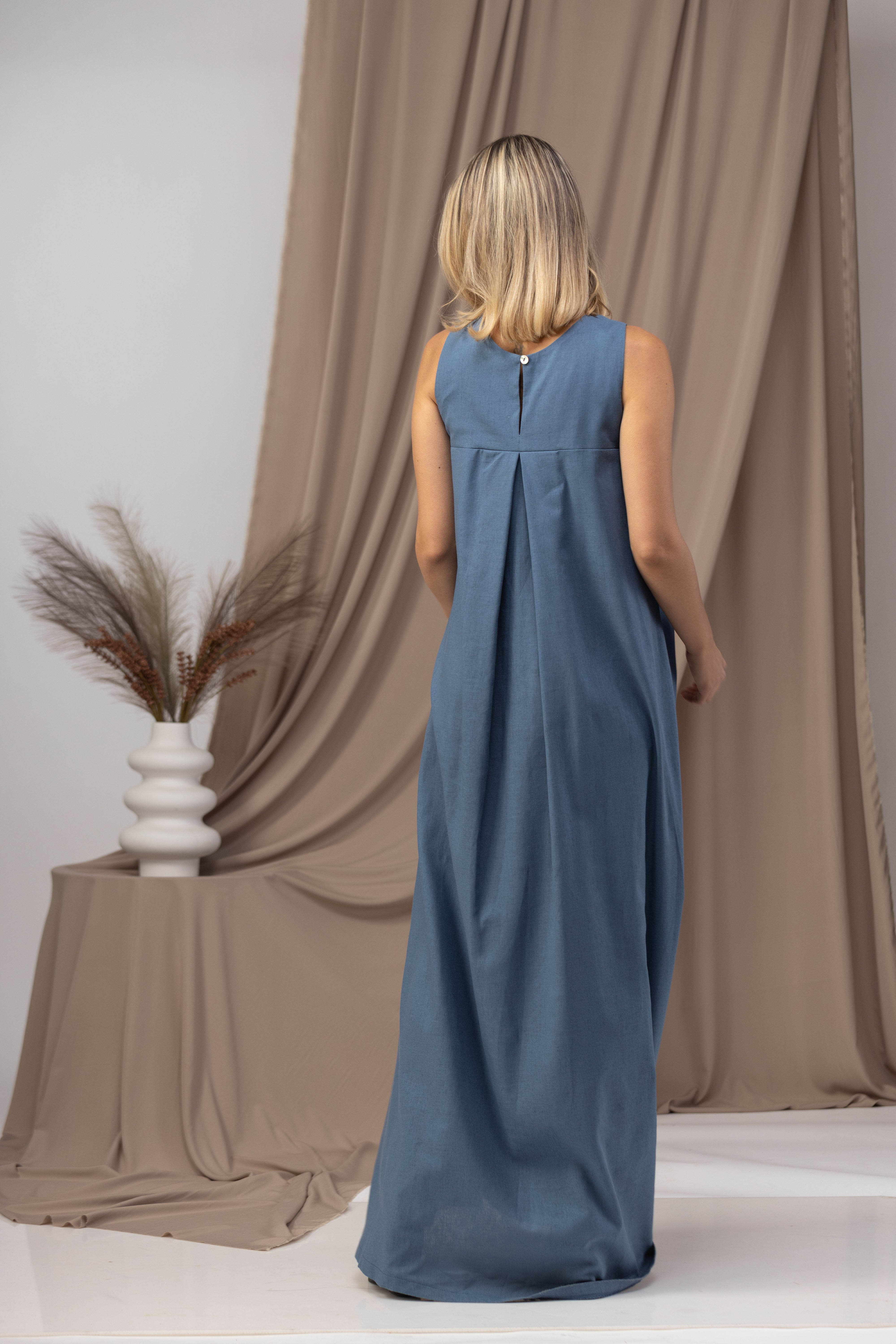 Slate Blue Loose Linen Maxi Dress