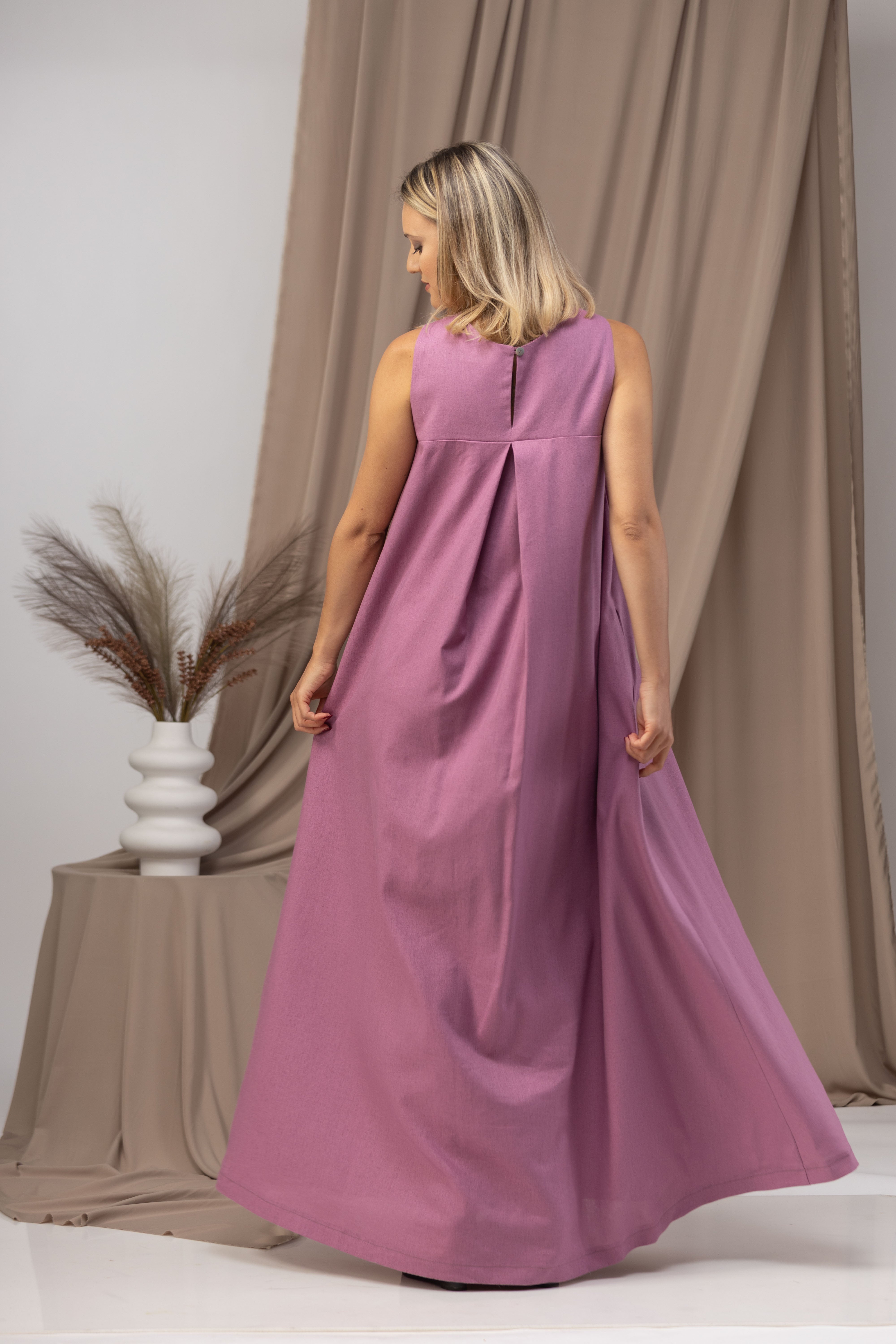 Dark Rose Loose Linen Maxi Dress