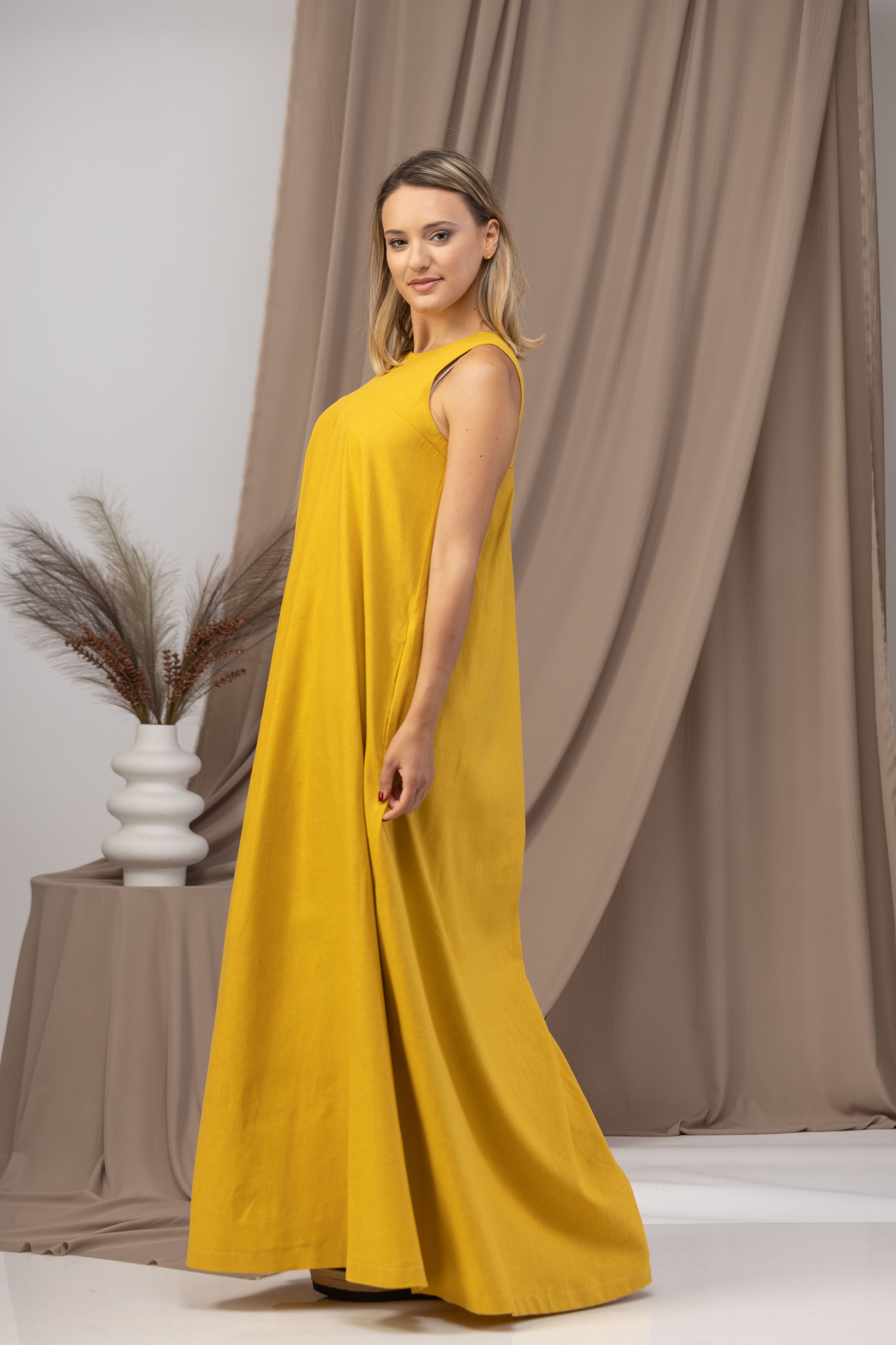 Mustard Loose Linen Maxi Dress