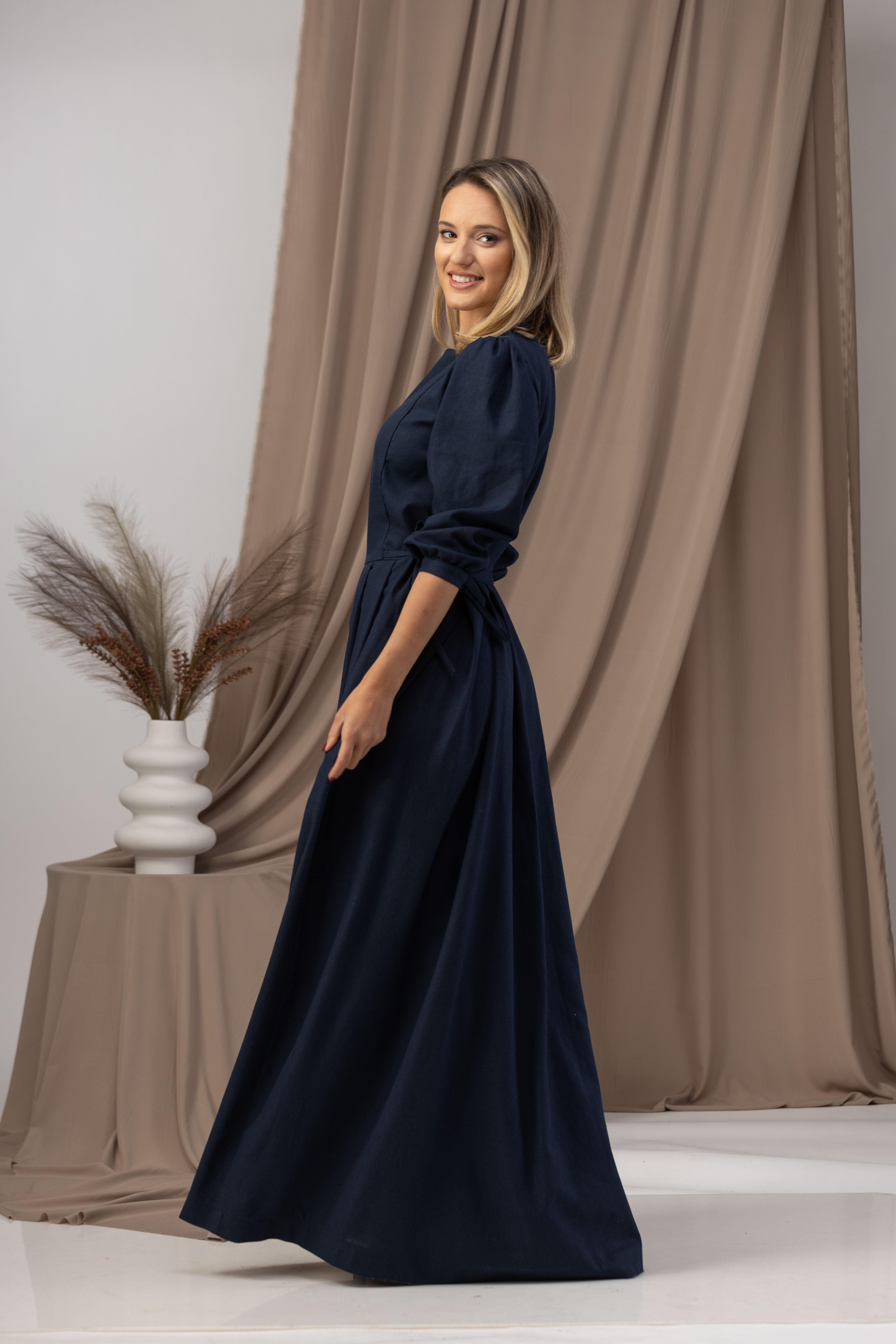 Dark Blue Long Sleeve Linen Maxi Dress from NikkaPlace
