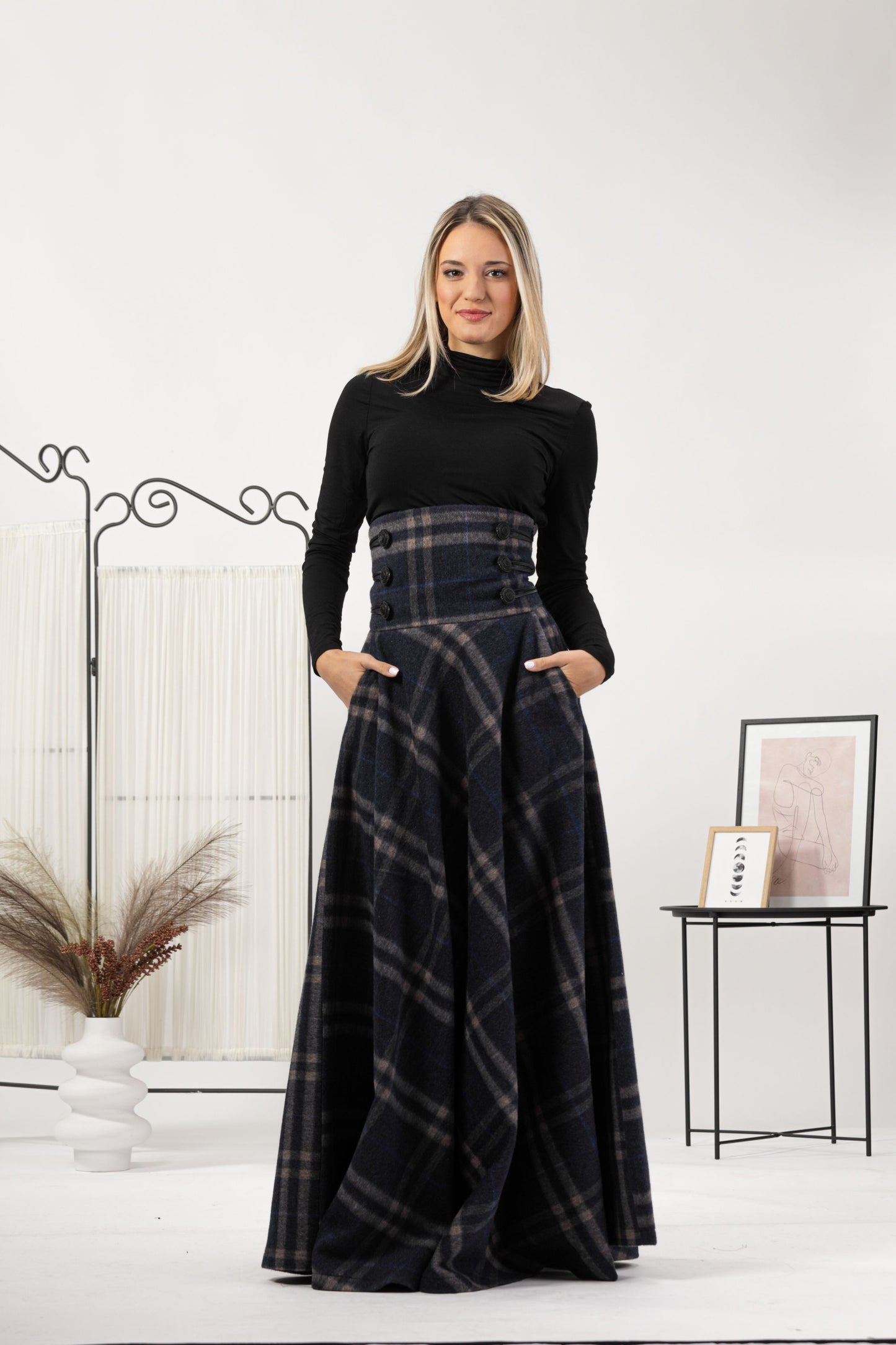 Plaid Winter Wool Maxi Skirt from the front view - from NikkaPlace | Effortless fashion for easy living