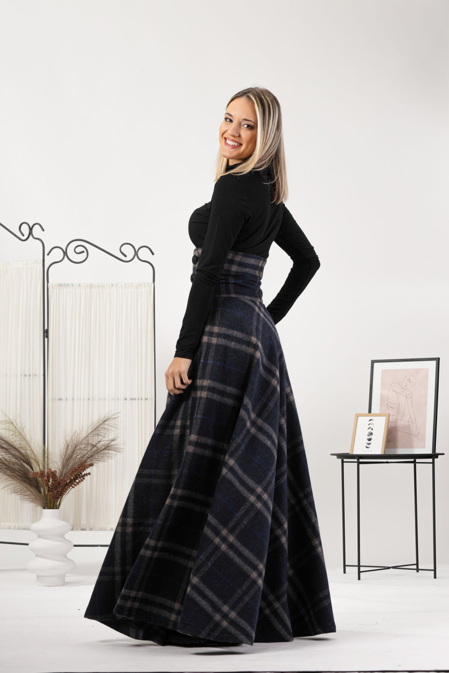 Plaid Winter Wool Maxi Skirt from the back view - from NikkaPlace | Effortless fashion for easy living