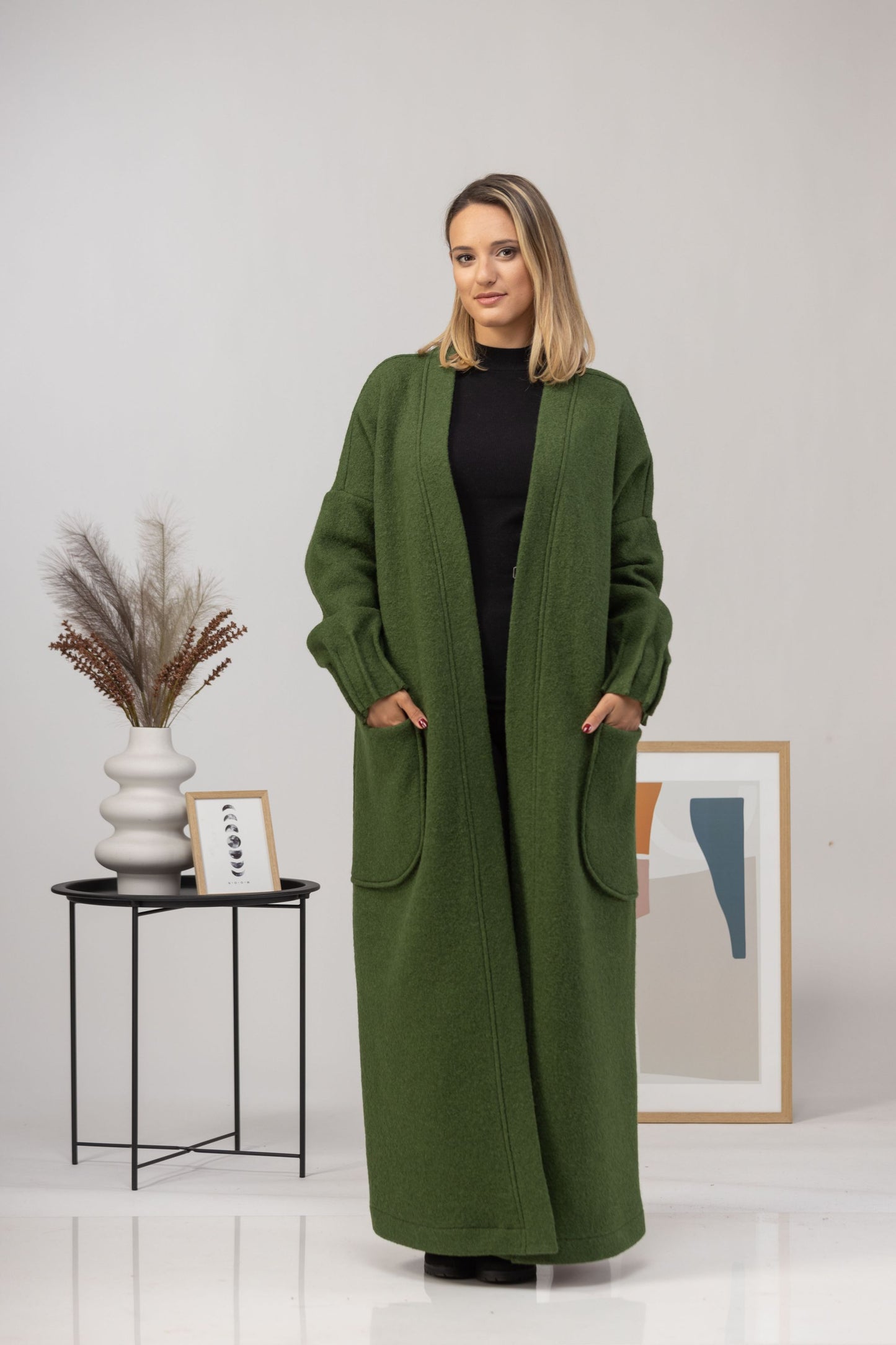Forest Green Warm Wool Maxi Cardigan Hook Closure Detail - from Nikka Place | Effortless fashion for easy living
