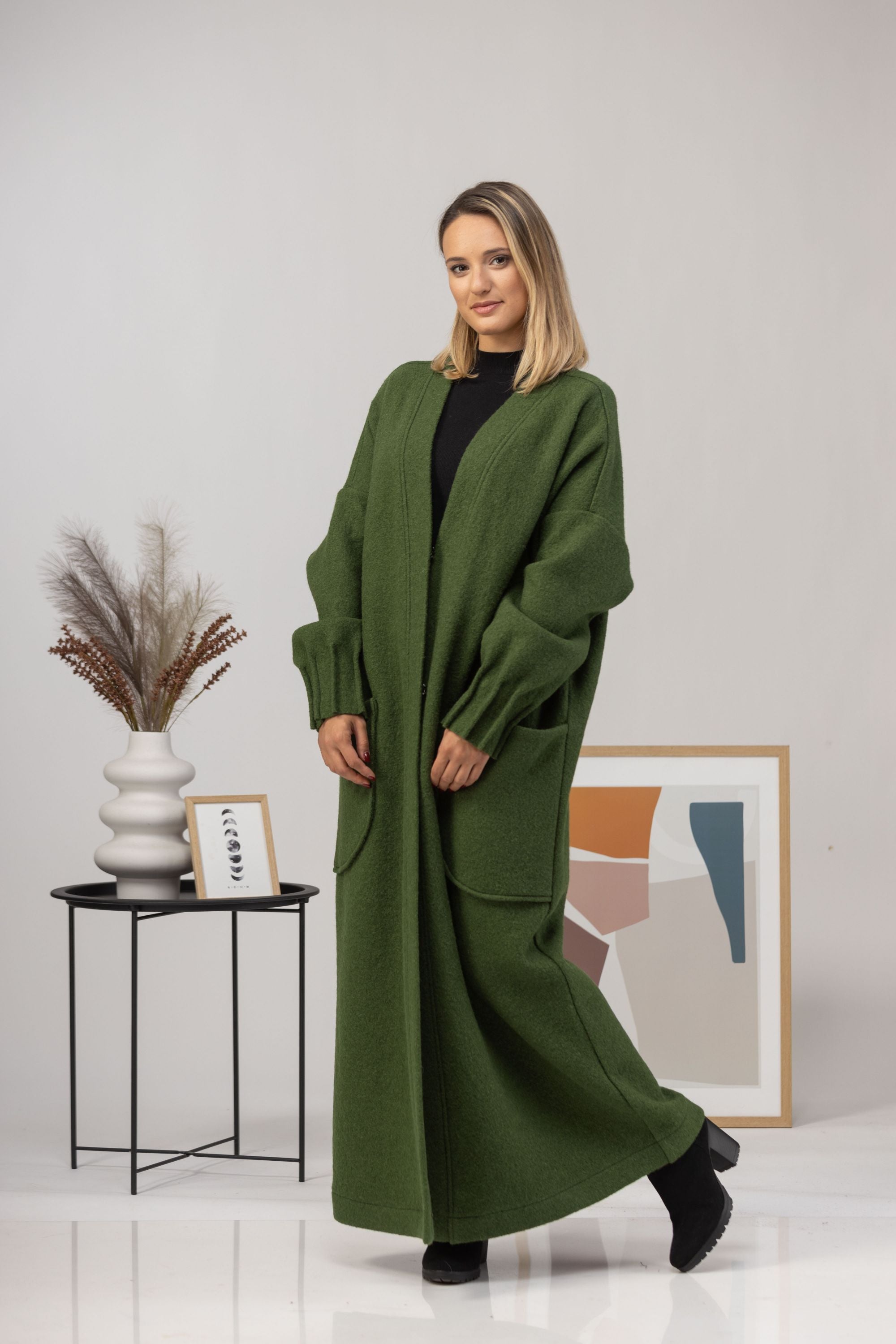 Forest Green Warm Wool Maxi Cardigan Hook Closure Detail - from Nikka Place | Effortless fashion for easy living