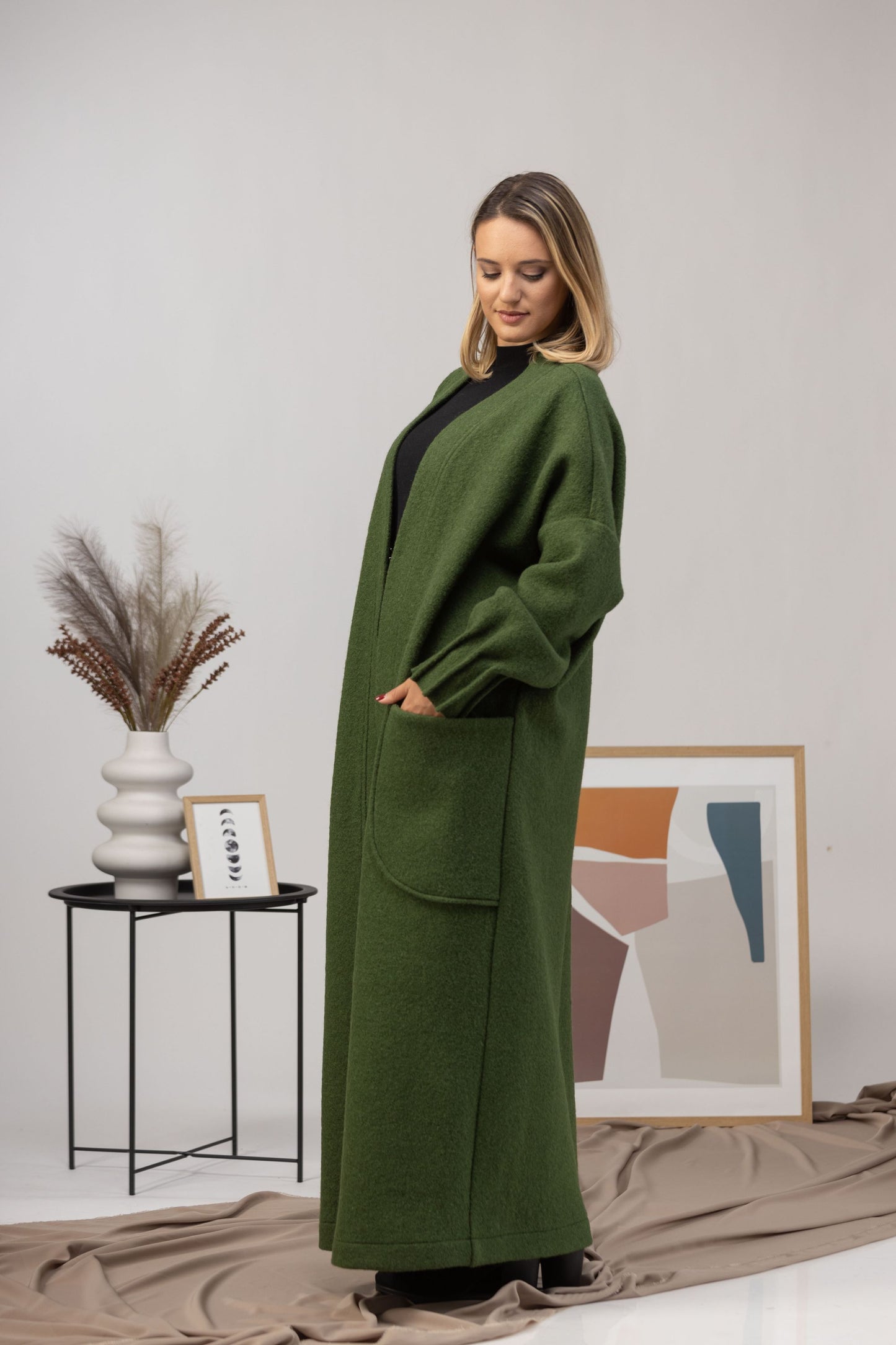 Forest Green Warm Wool Maxi Cardigan paired with skinny jeans and boots - from NikkaPlace | Effortless fashion for easy living
