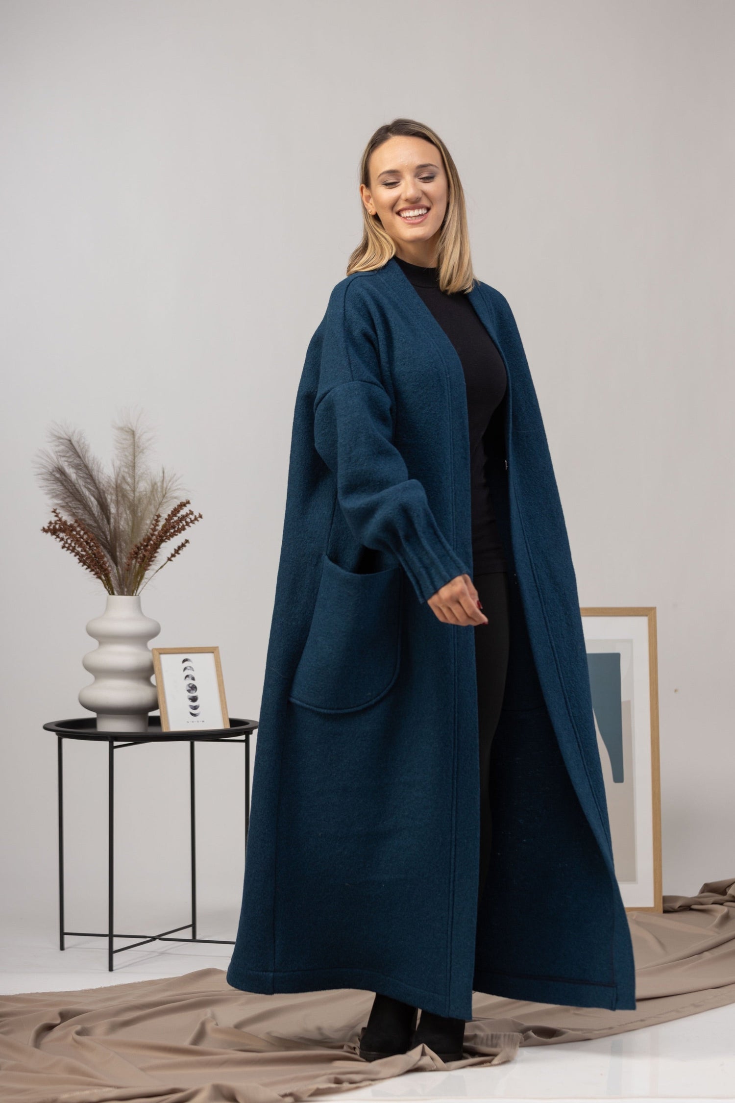 Charcoal Warm Wool Maxi Cardigan Hook Closure in Action - from Nikka Place | Effortless fashion for easy living