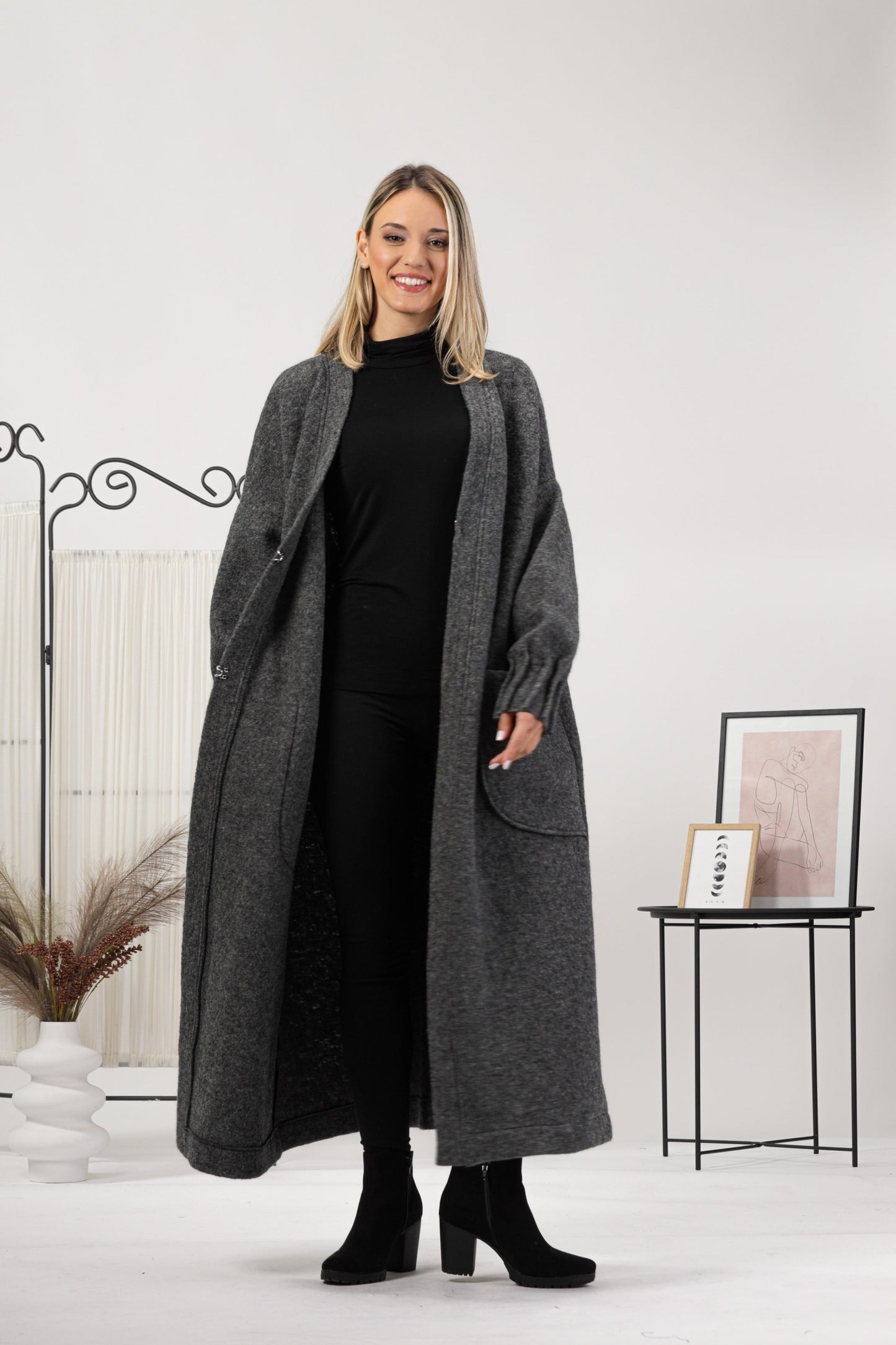 Charcoal Warm Wool Maxi Cardigan Italian Boiled Wool Material - from Nikka Place | Effortless fashion for easy living