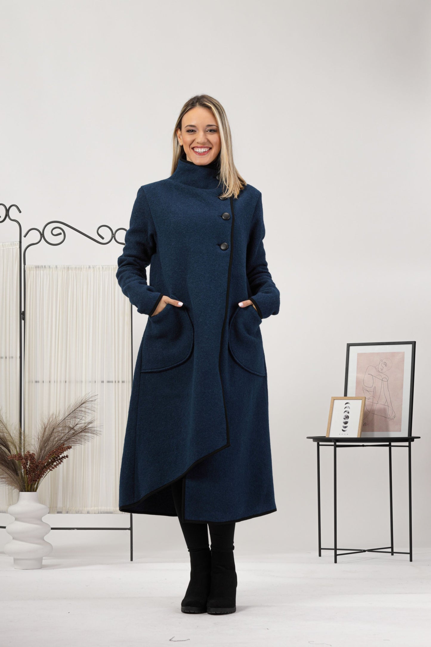 Elegant prussian blue boiled wool coat with pockets - from NikkaPlace | Effortless fashion for easy living
