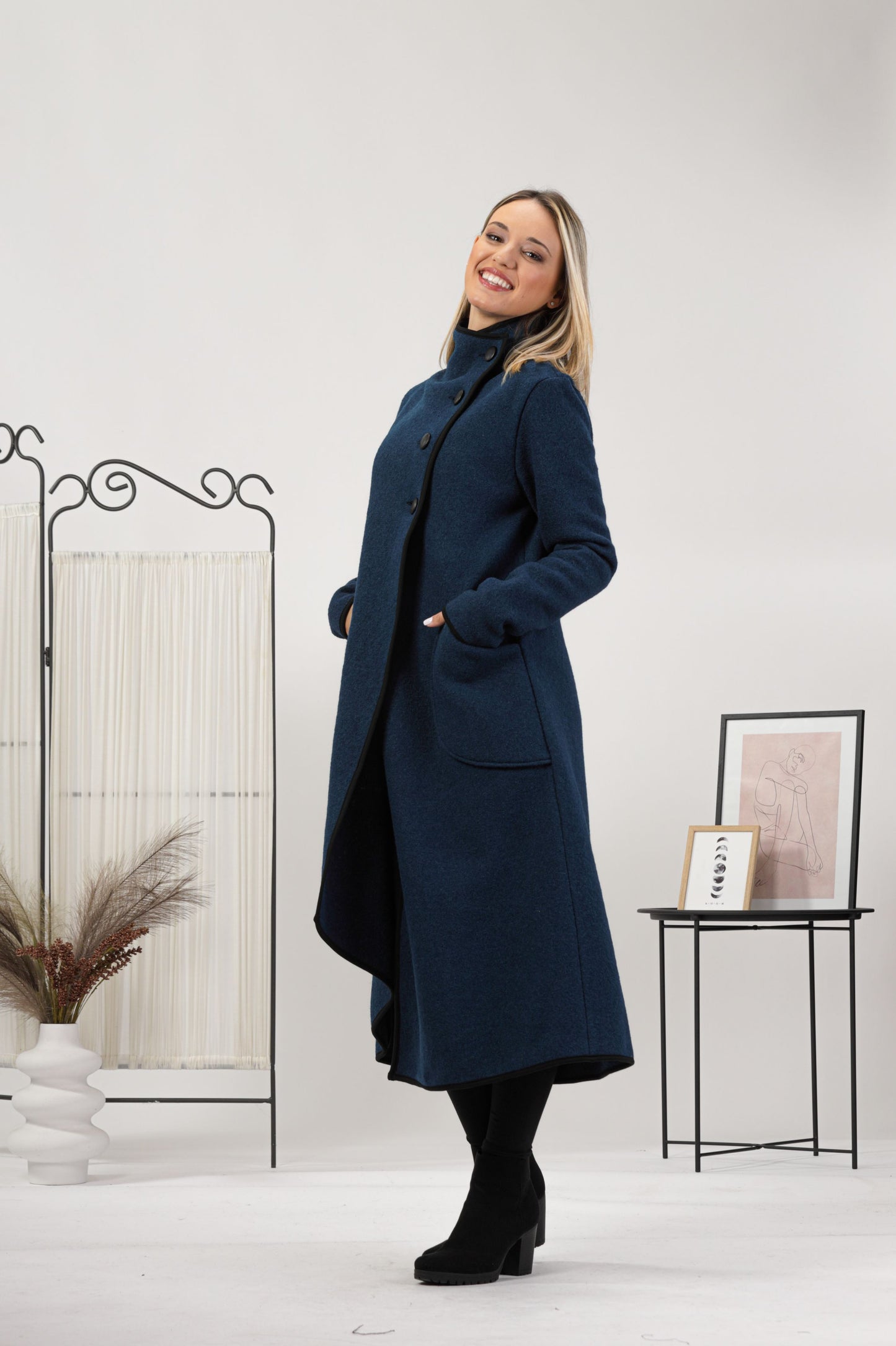 Elegant prussian blue boiled wool coat with pockets from the side view - from NikkaPlace | Effortless fashion for easy living