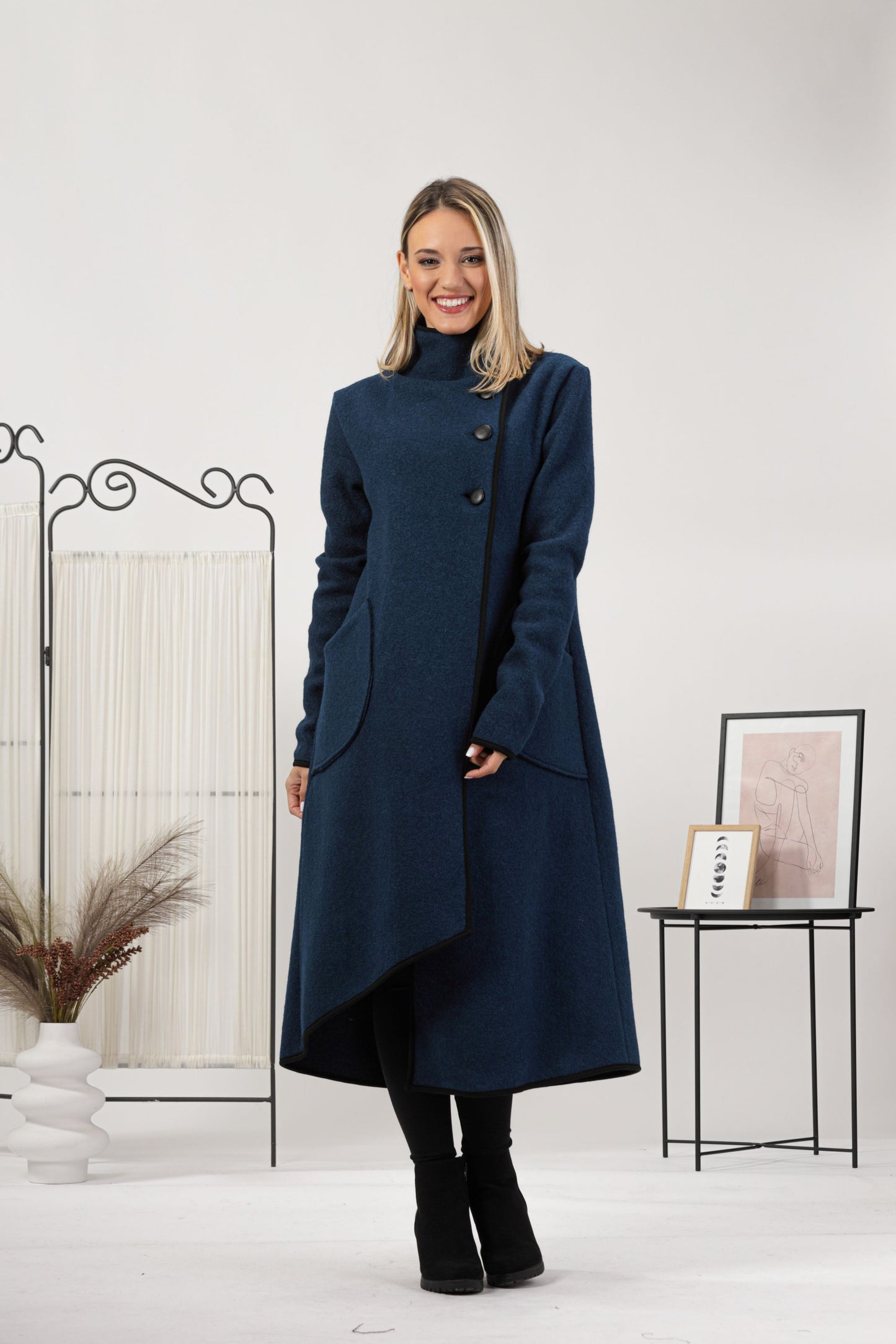 Elegant prussian blue boiled wool coat with pockets front the front view - from NikkaPlace | Effortless fashion for easy living