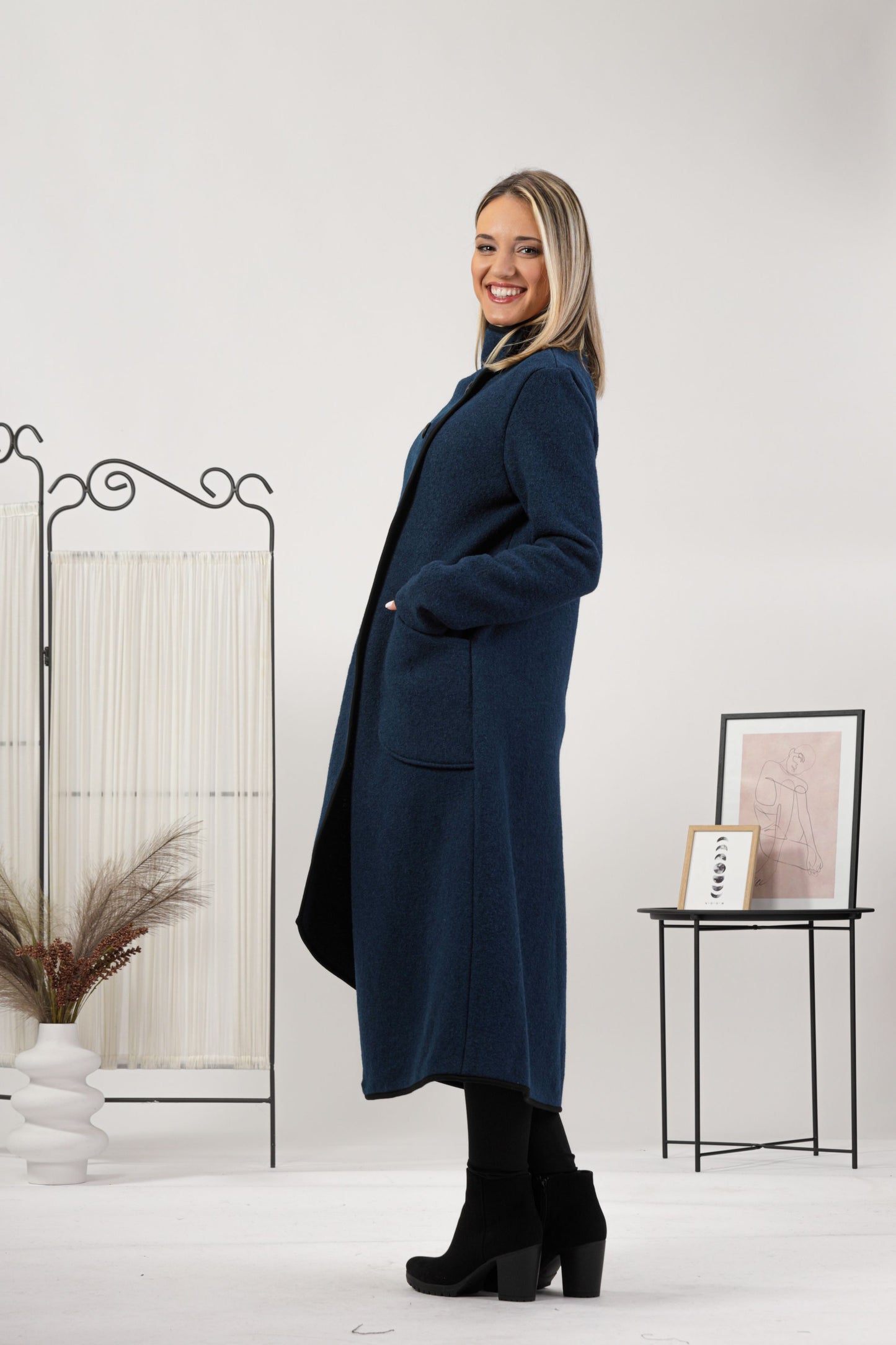 Minimalist Prussian Blue Boiled Wool Coat with Pockets from Nikka Place | Effortless fashion for easy living