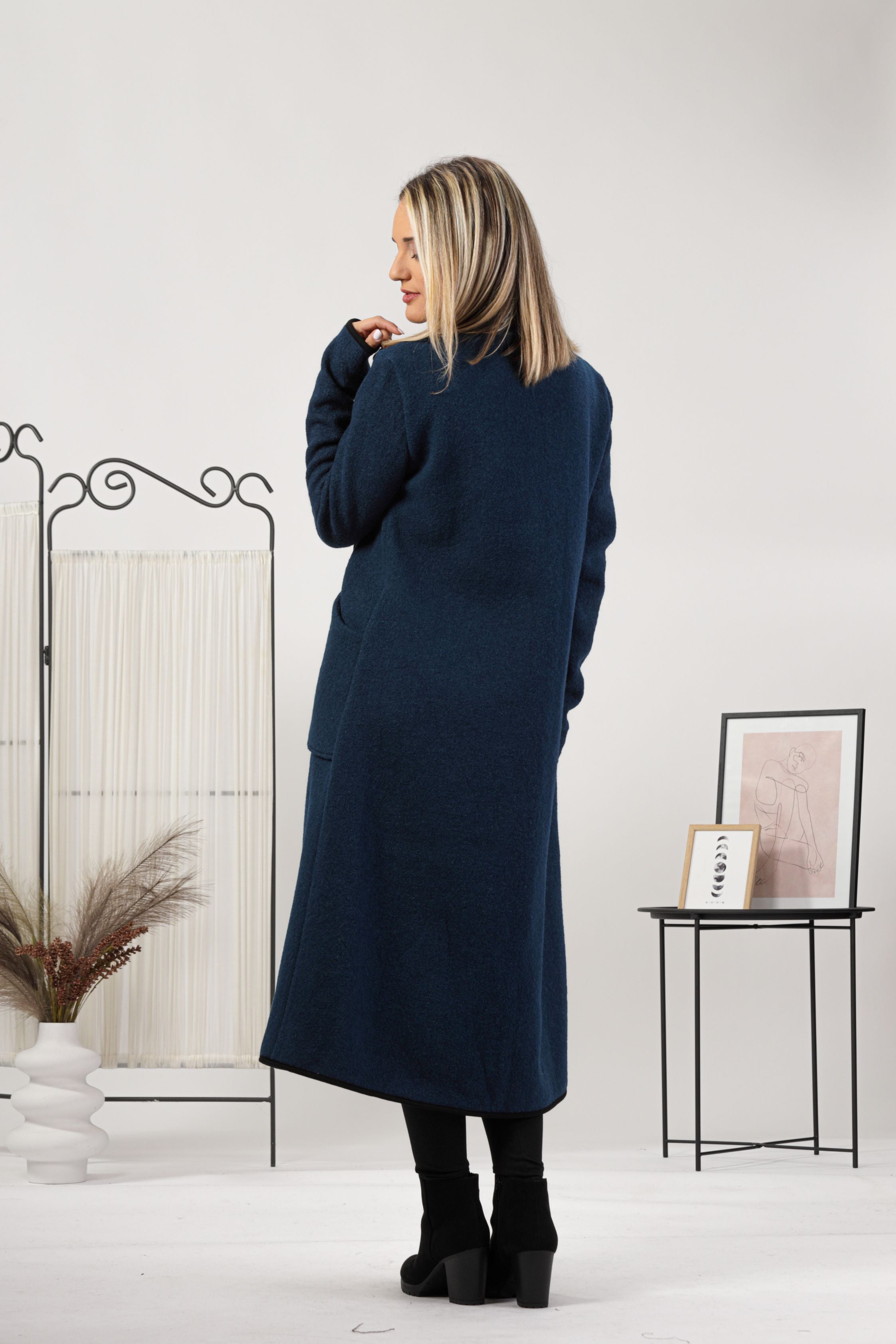 Elegant prussian blue boiled wool coat with pockets - from NikkaPlace | Effortless fashion for easy living