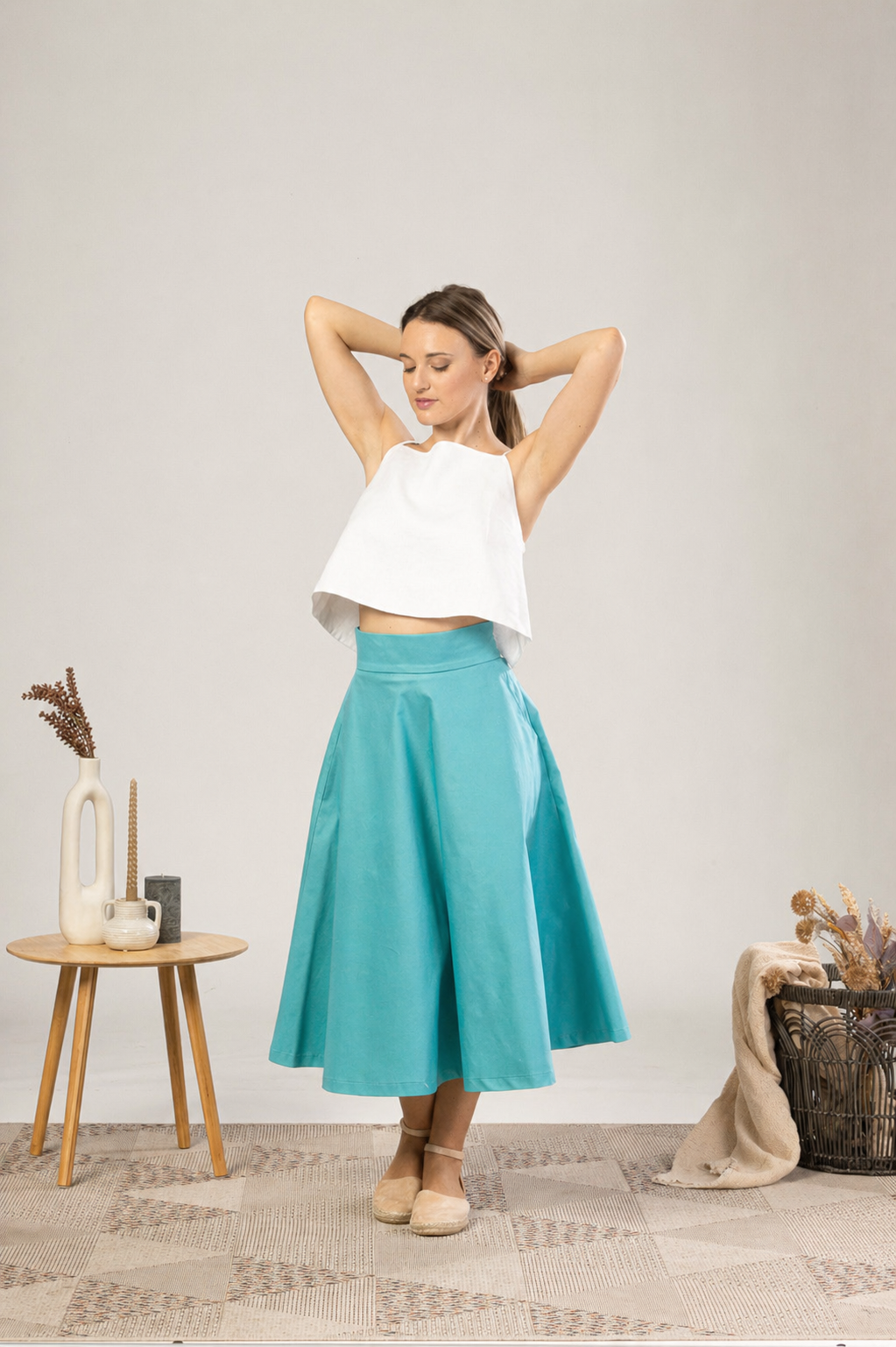 Midi Flared Cotton Skirt With Pockets in Turquoise