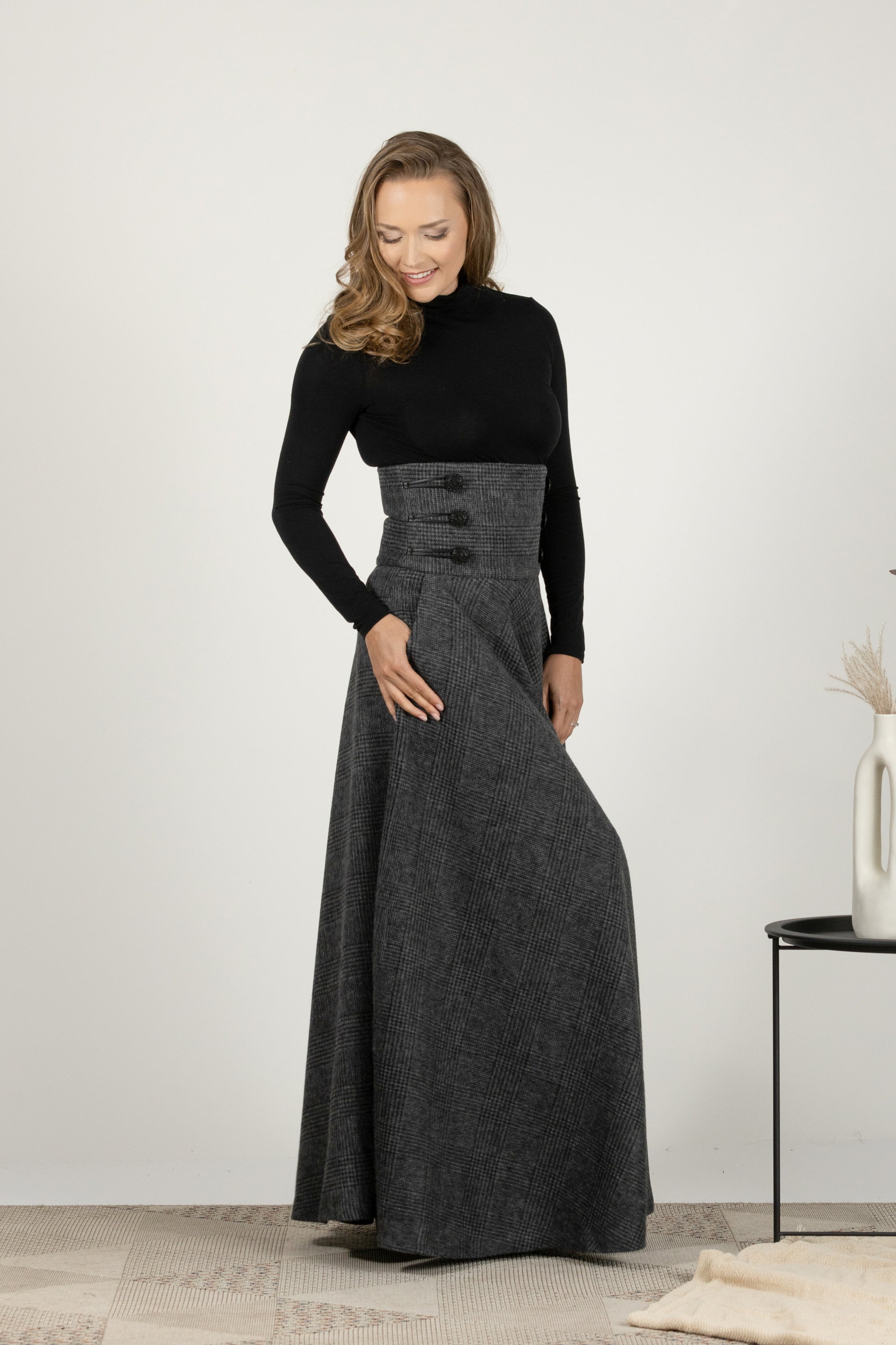 Gray Plaid Winter Wool Maxi Skirt