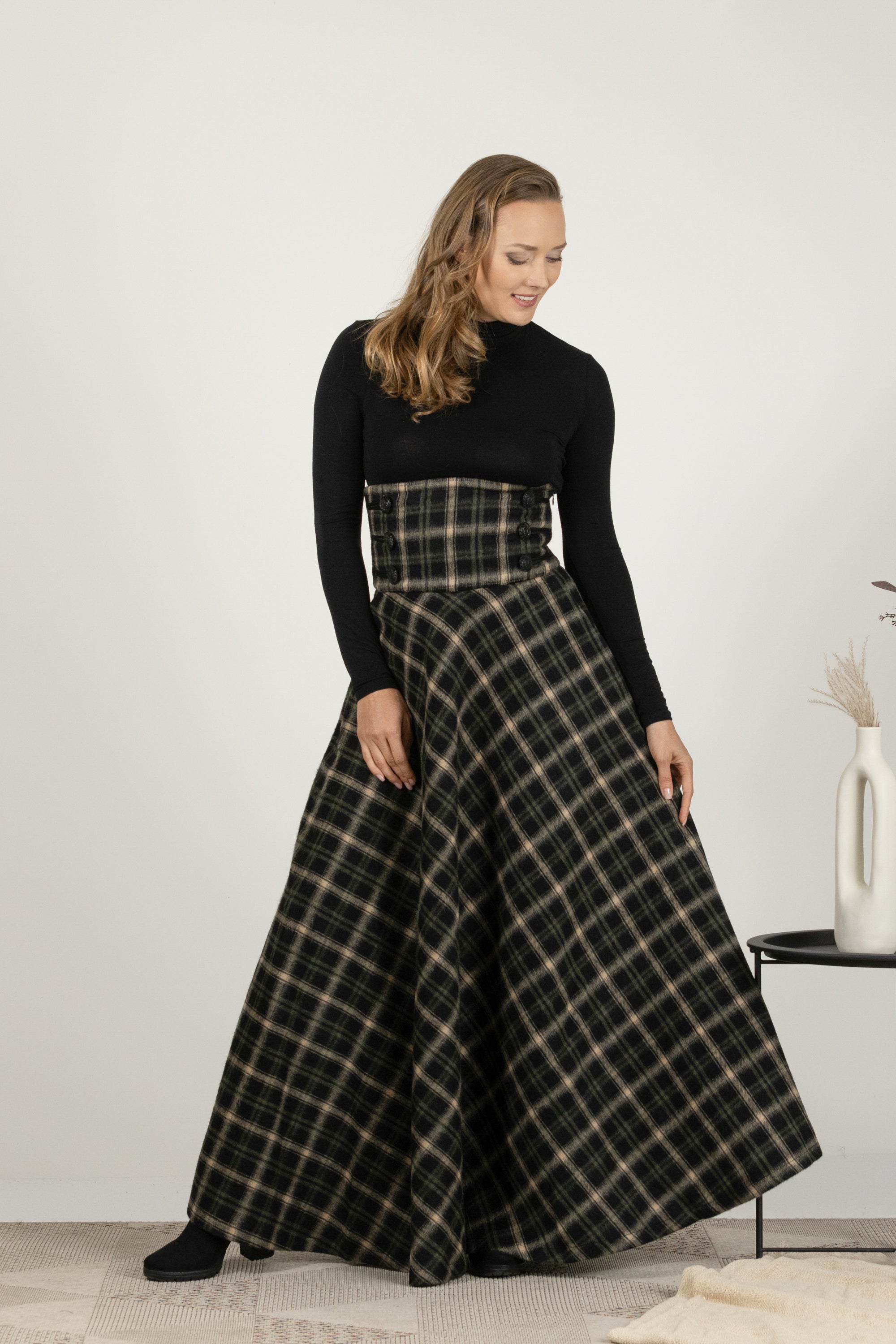 Brown Plaid Winter Wool Maxi Skirt